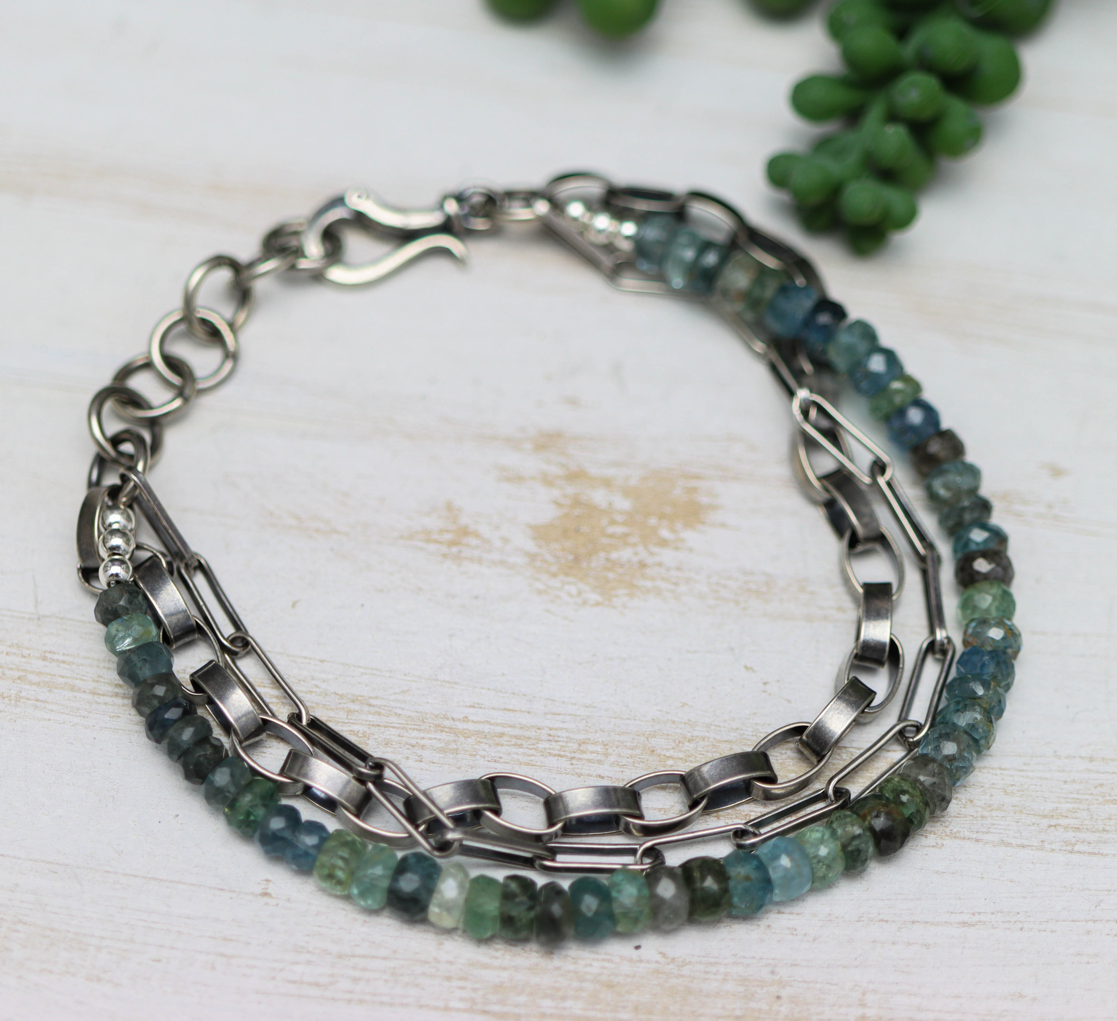 Moss Aquamarine & Sterling Silver Triple Strand Bracelet