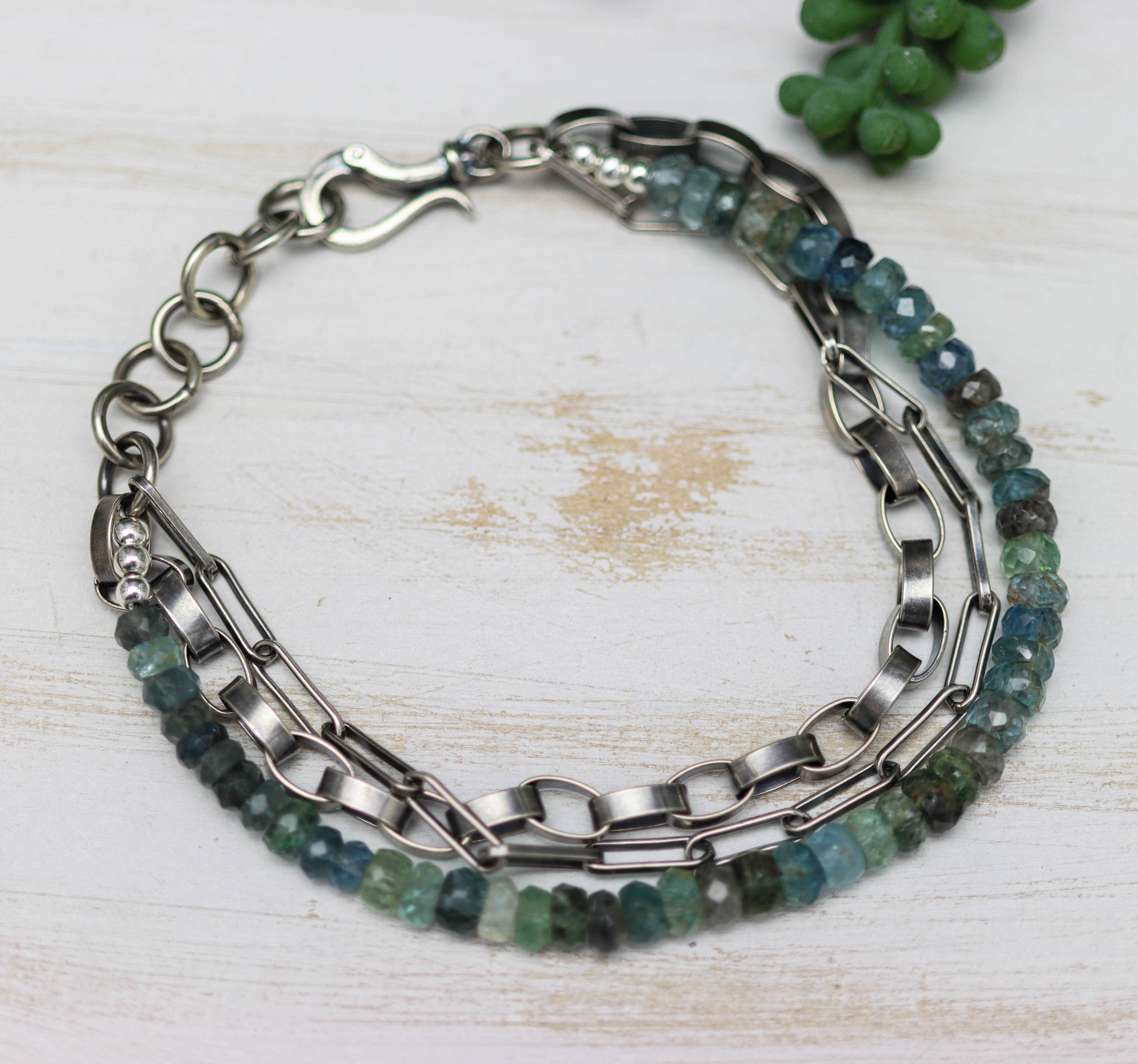 Moss Aquamarine & Sterling Silver Triple Strand Bracelet