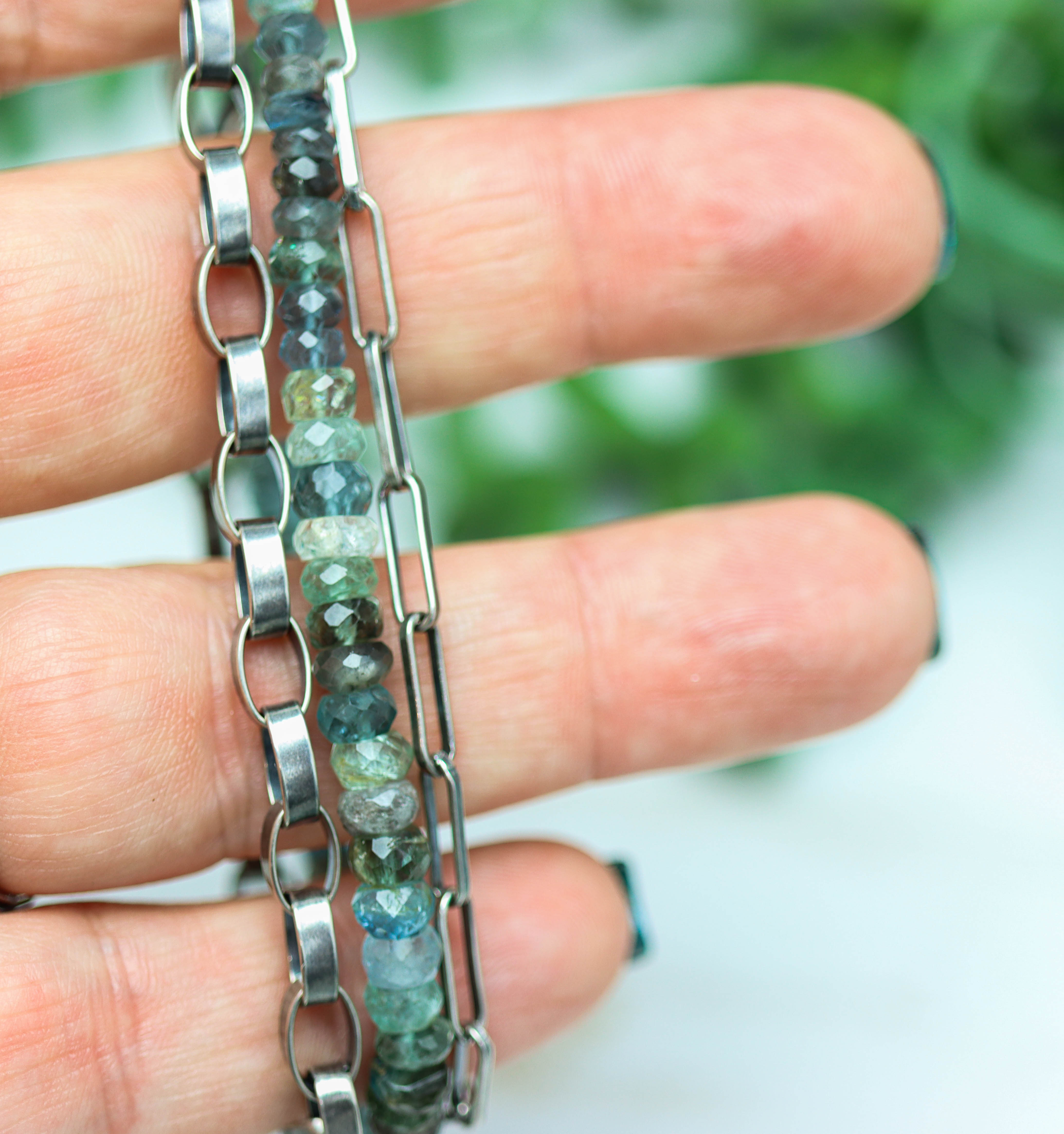 Moss Aquamarine & Sterling Silver Triple Strand Bracelet