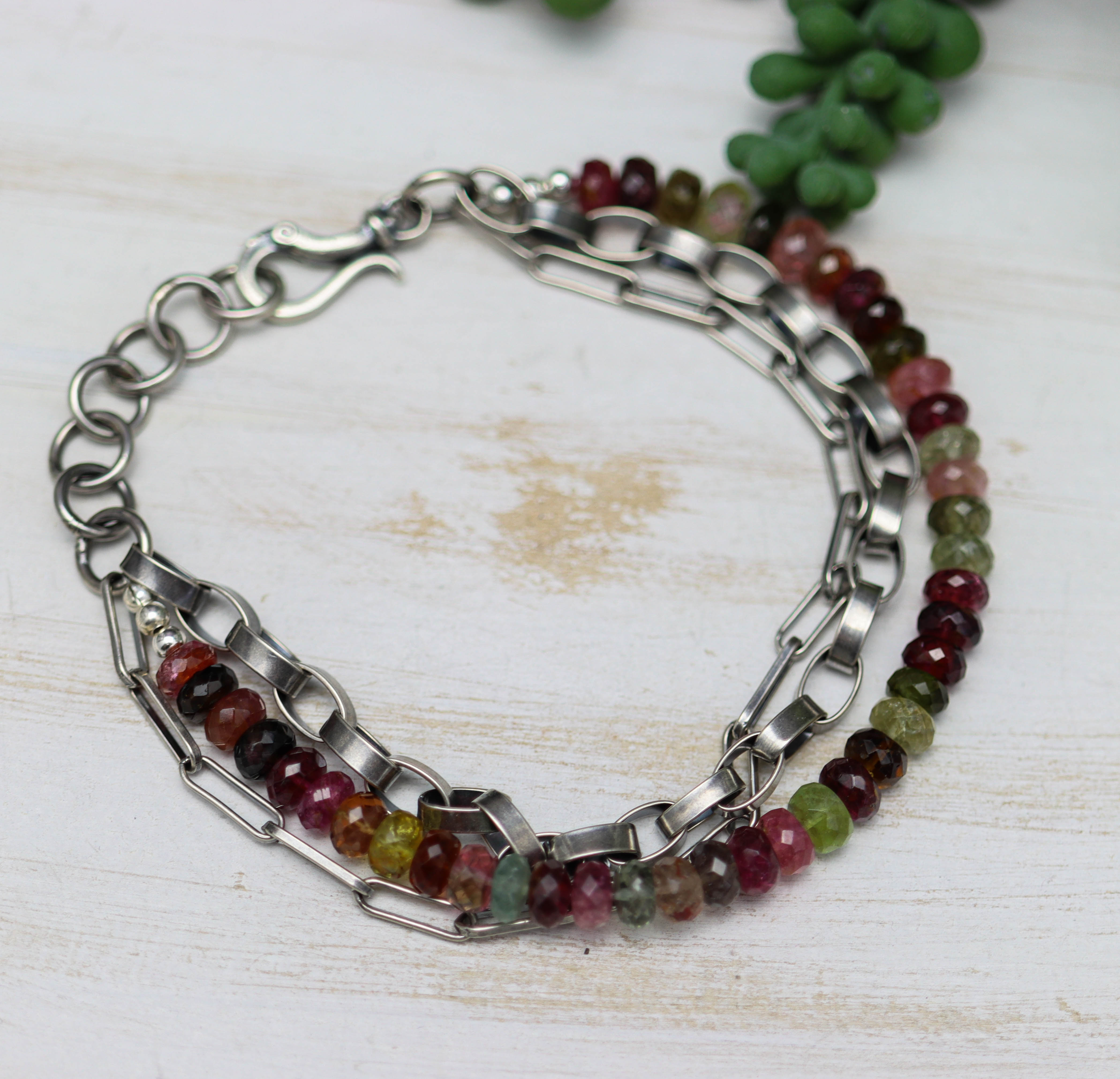 Multi-Colored Tourmaline & Sterling Silver Triple Strand Bracelet