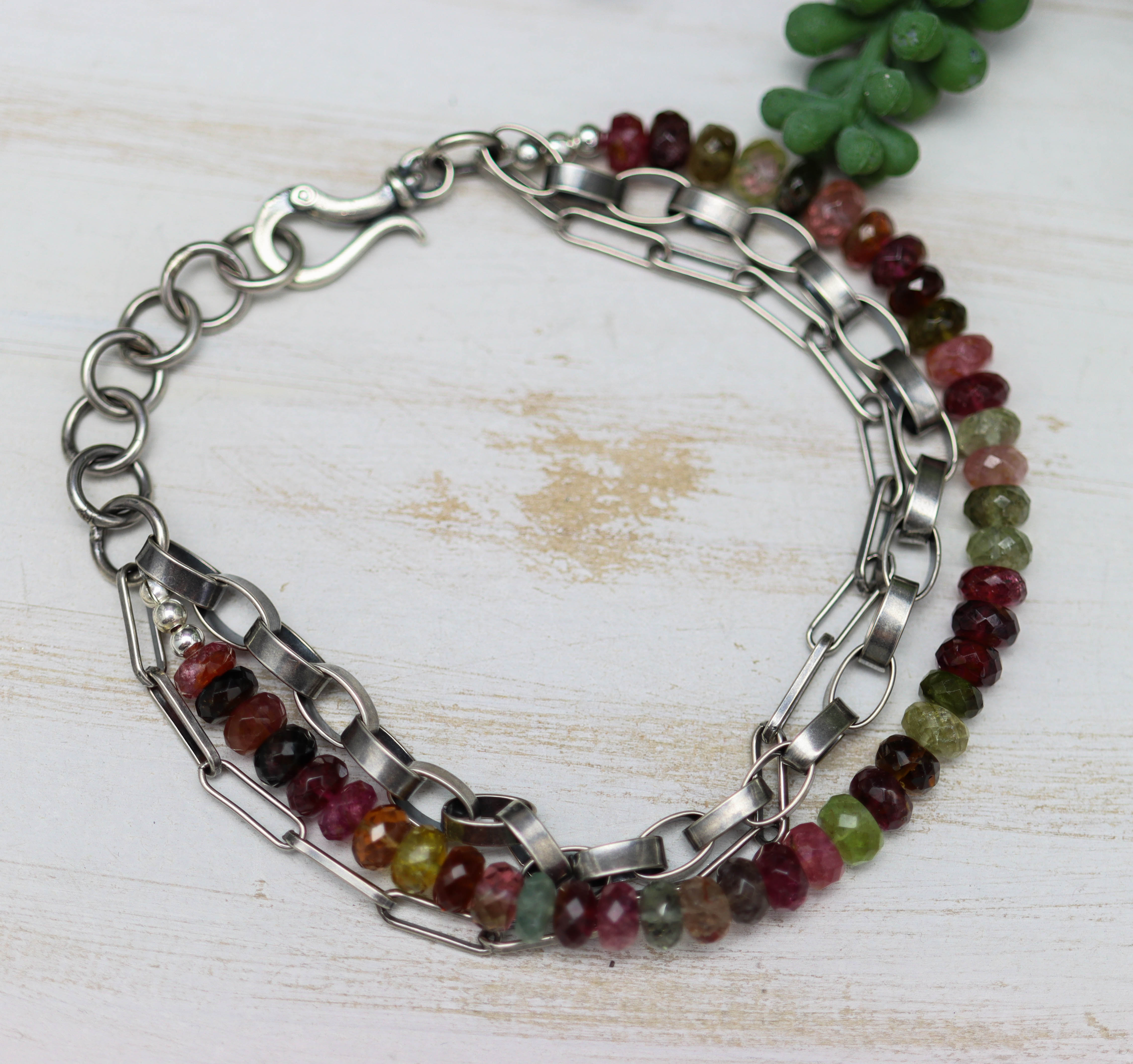 Multi-Colored Tourmaline & Sterling Silver Triple Strand Bracelet
