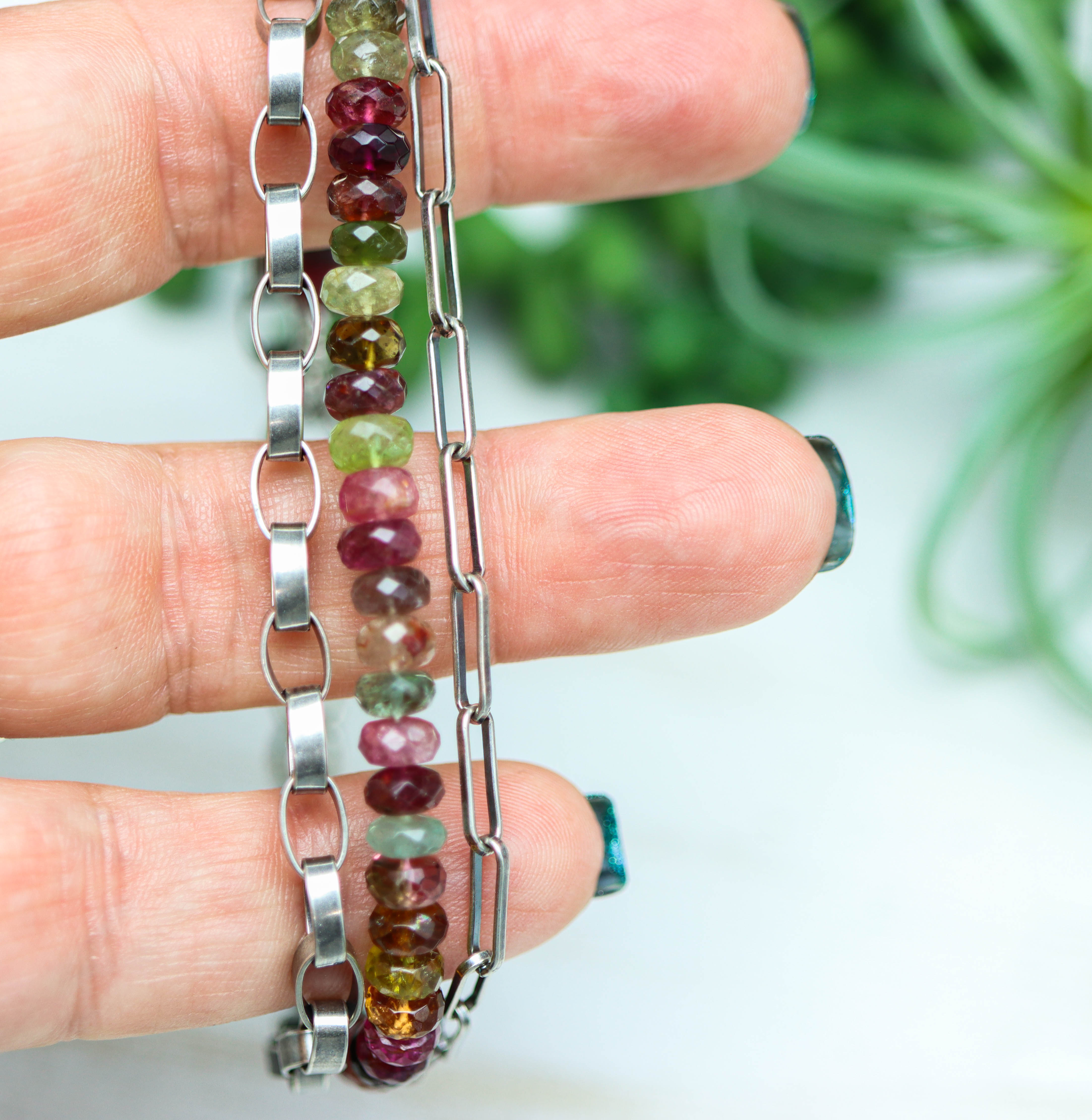 Multi-Colored Tourmaline & Sterling Silver Triple Strand Bracelet