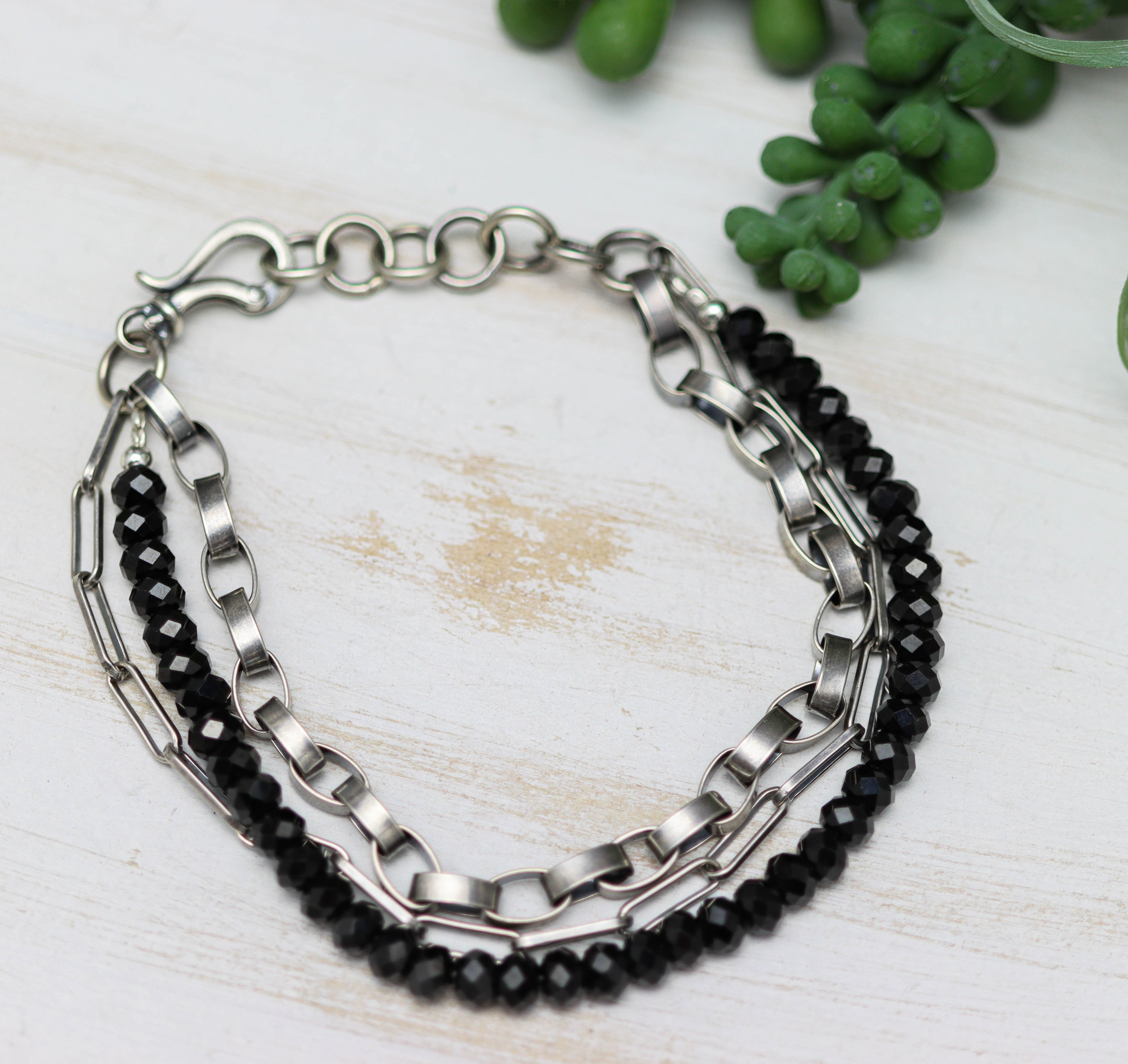 Black Spinel & Sterling Silver Triple Strand Bracelet