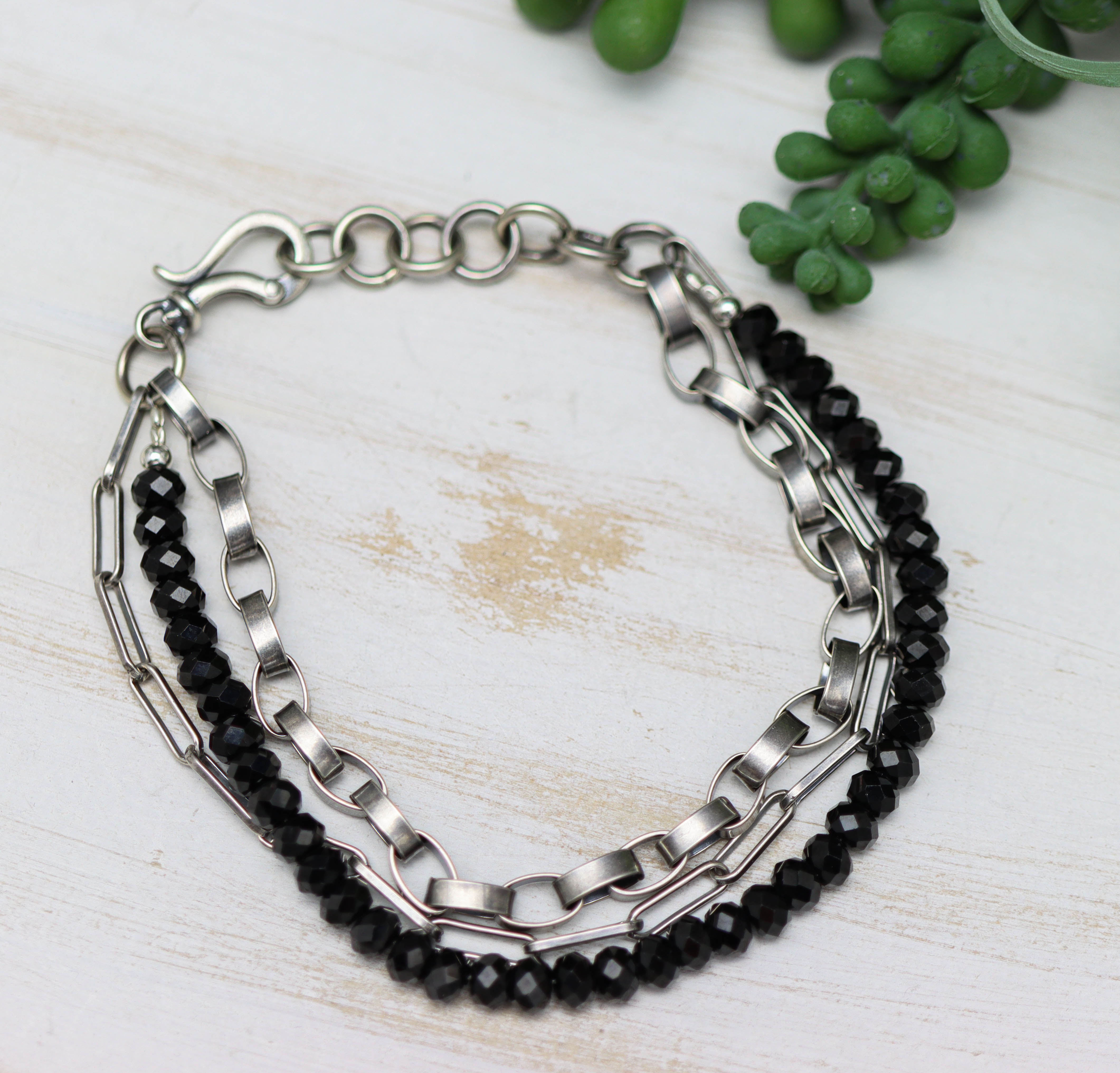 Black Spinel & Sterling Silver Triple Strand Bracelet