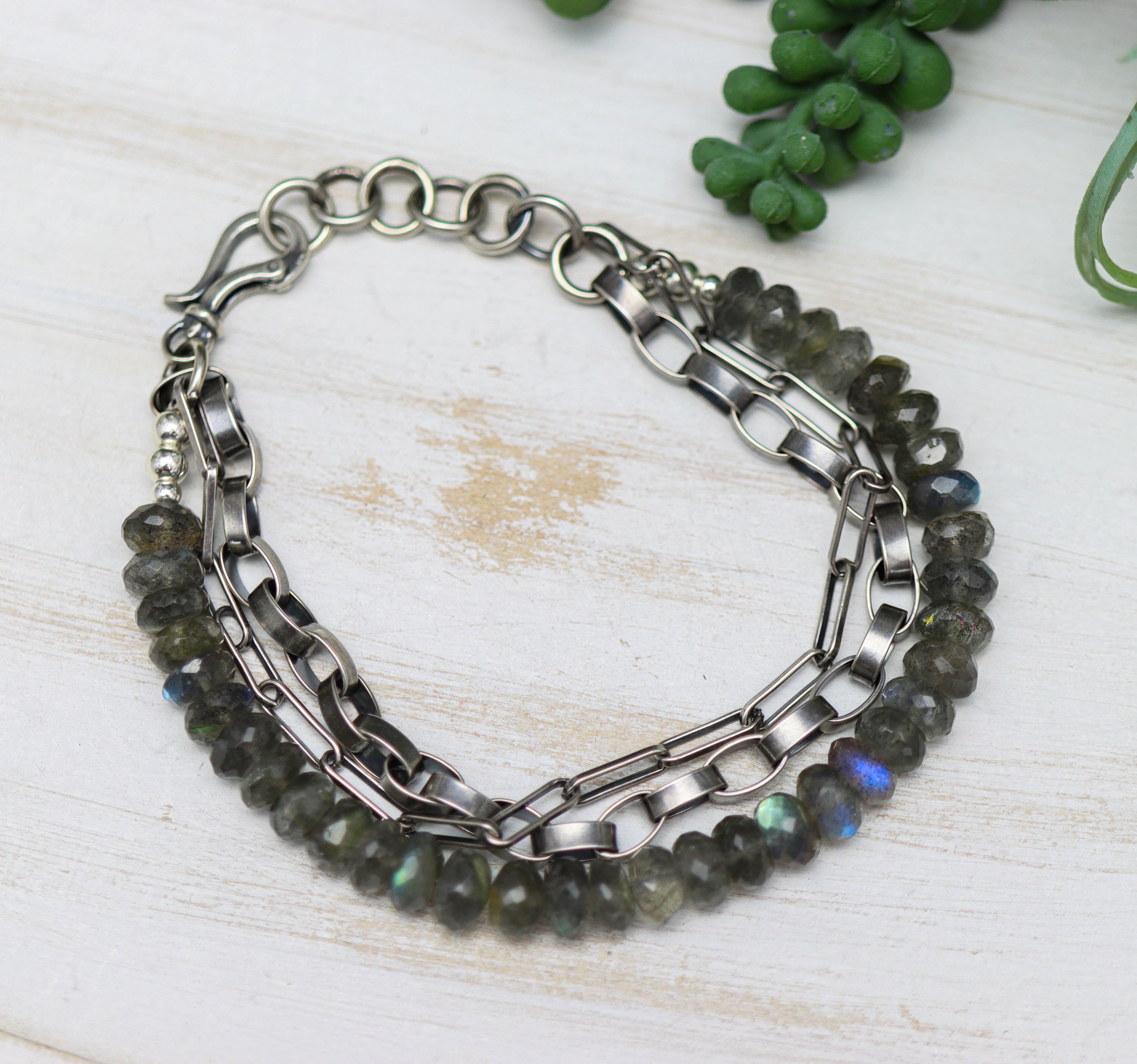Labradorite & Sterling Silver Triple Strand Bracelet
