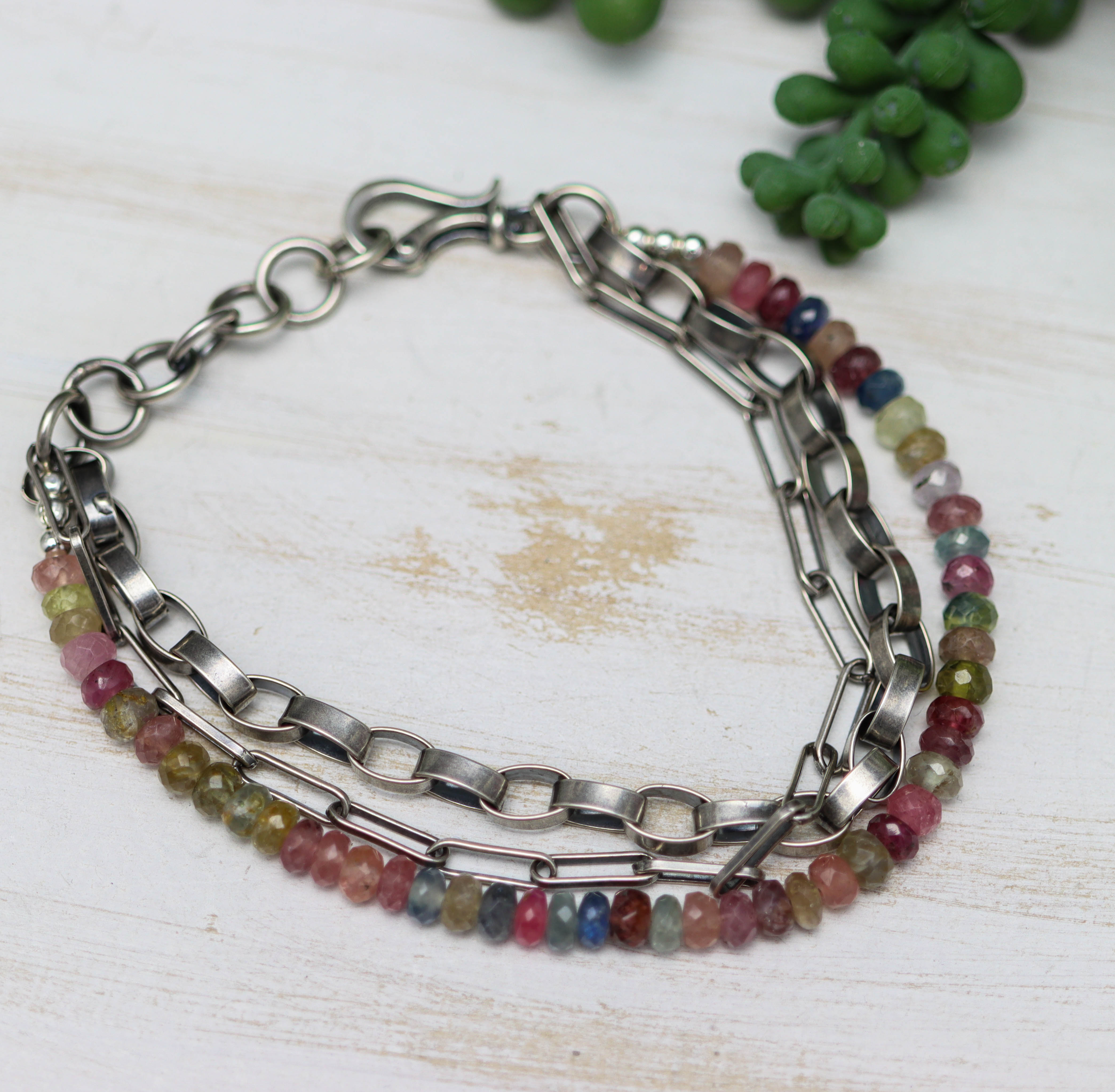 Multi-Colored Sapphire & Sterling Silver Triple Strand Bracelet