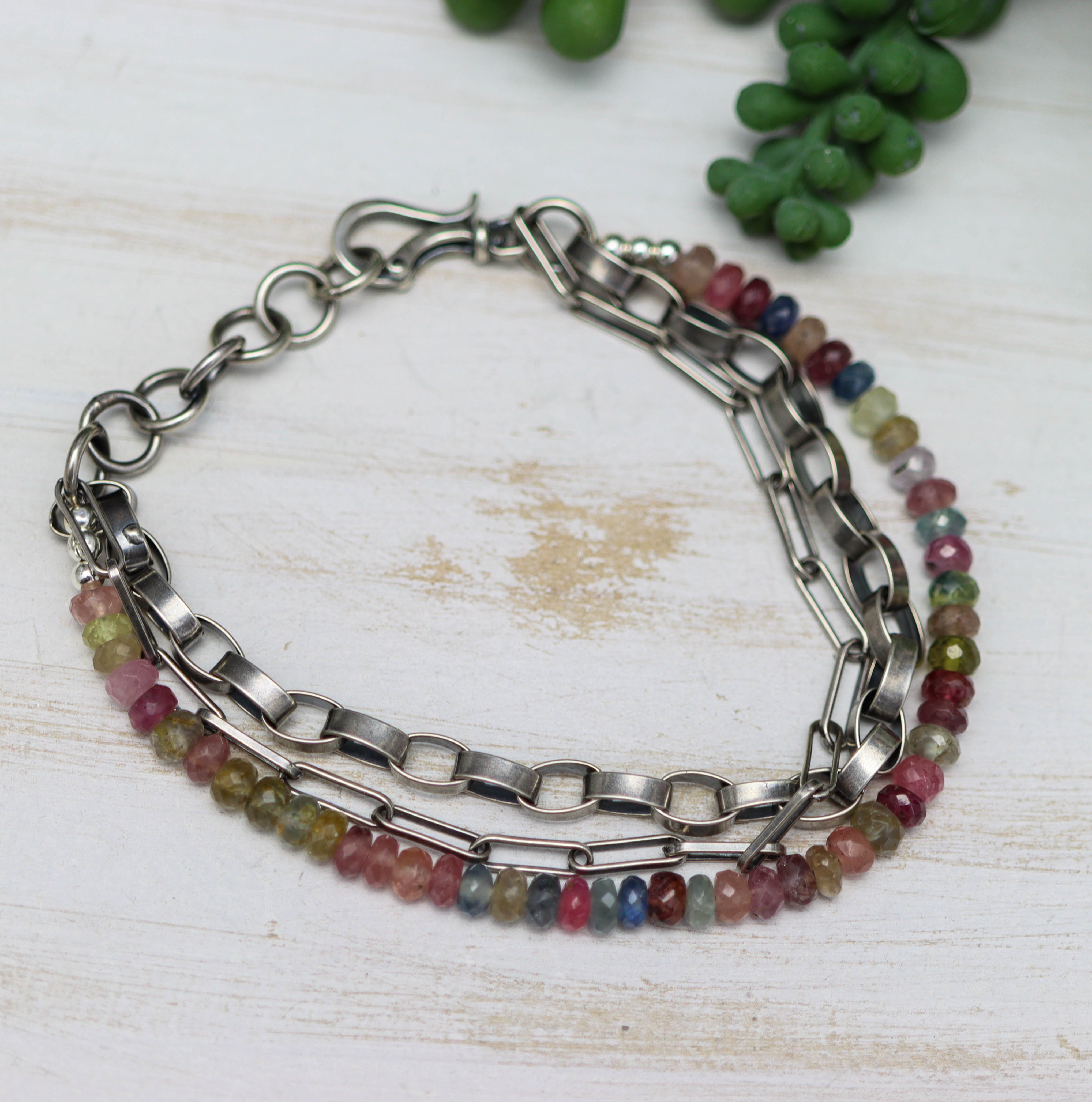 Multi-Colored Sapphire & Sterling Silver Triple Strand Bracelet