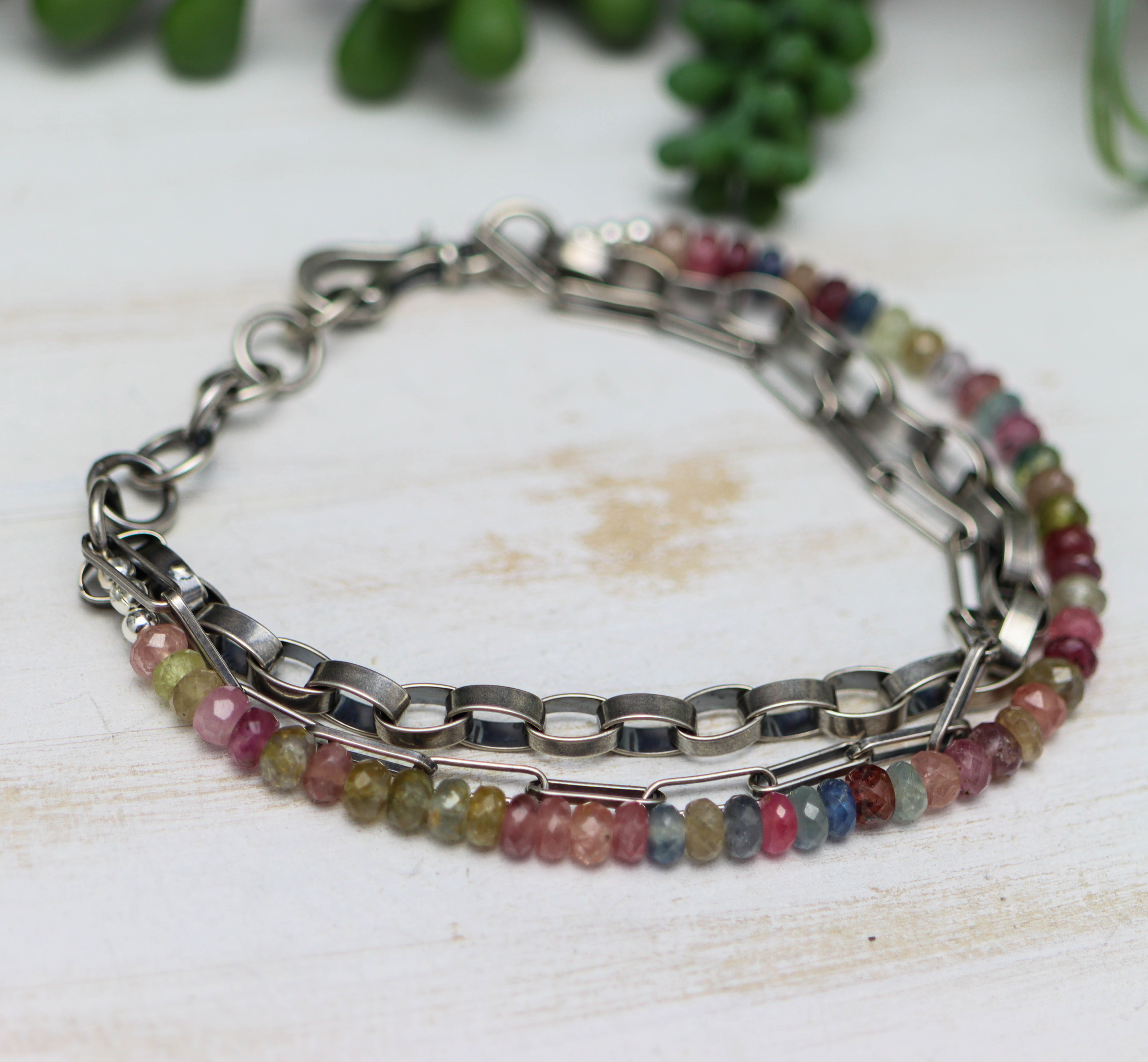Multi-Colored Sapphire & Sterling Silver Triple Strand Bracelet