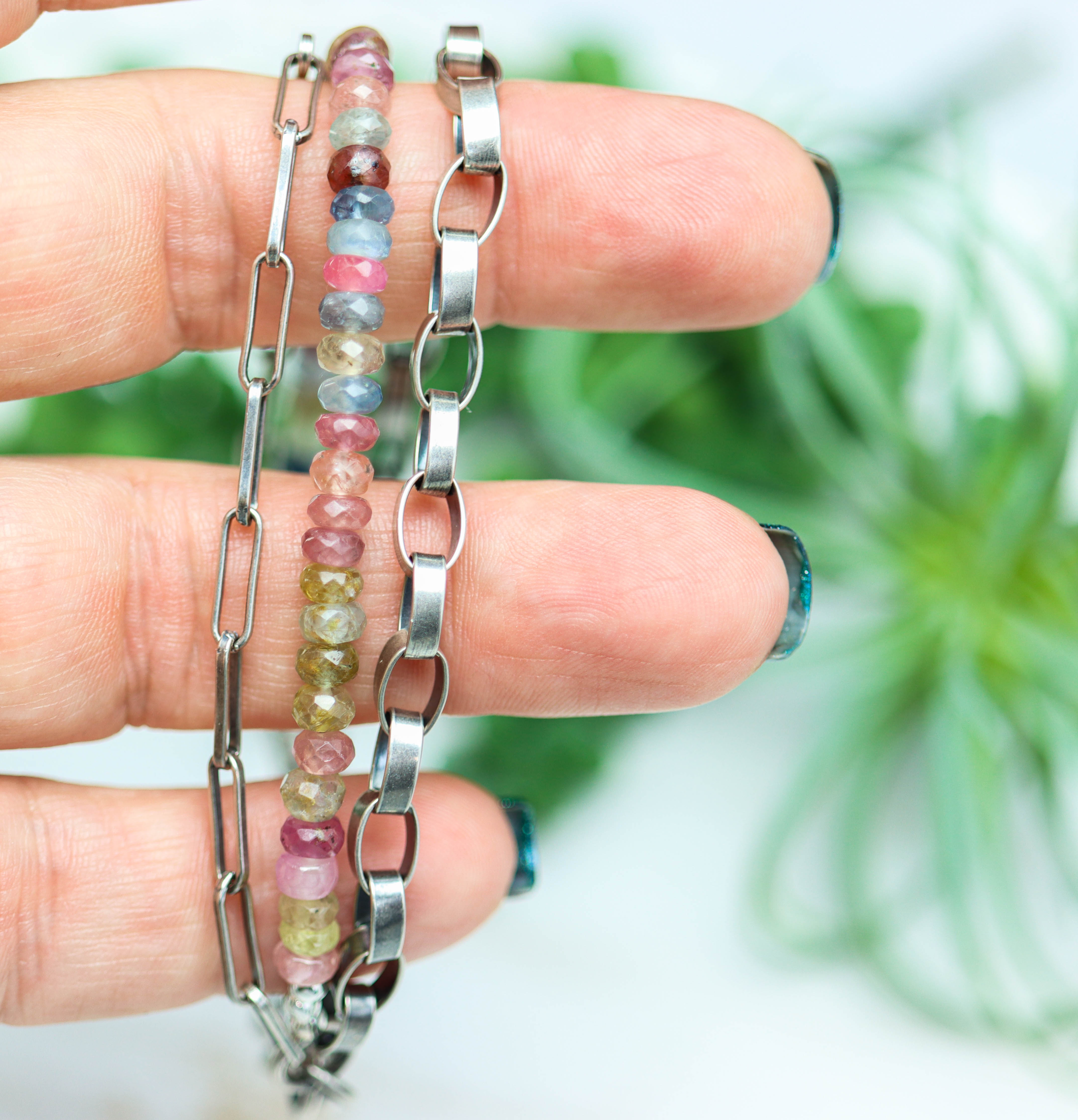 Multi-Colored Sapphire & Sterling Silver Triple Strand Bracelet