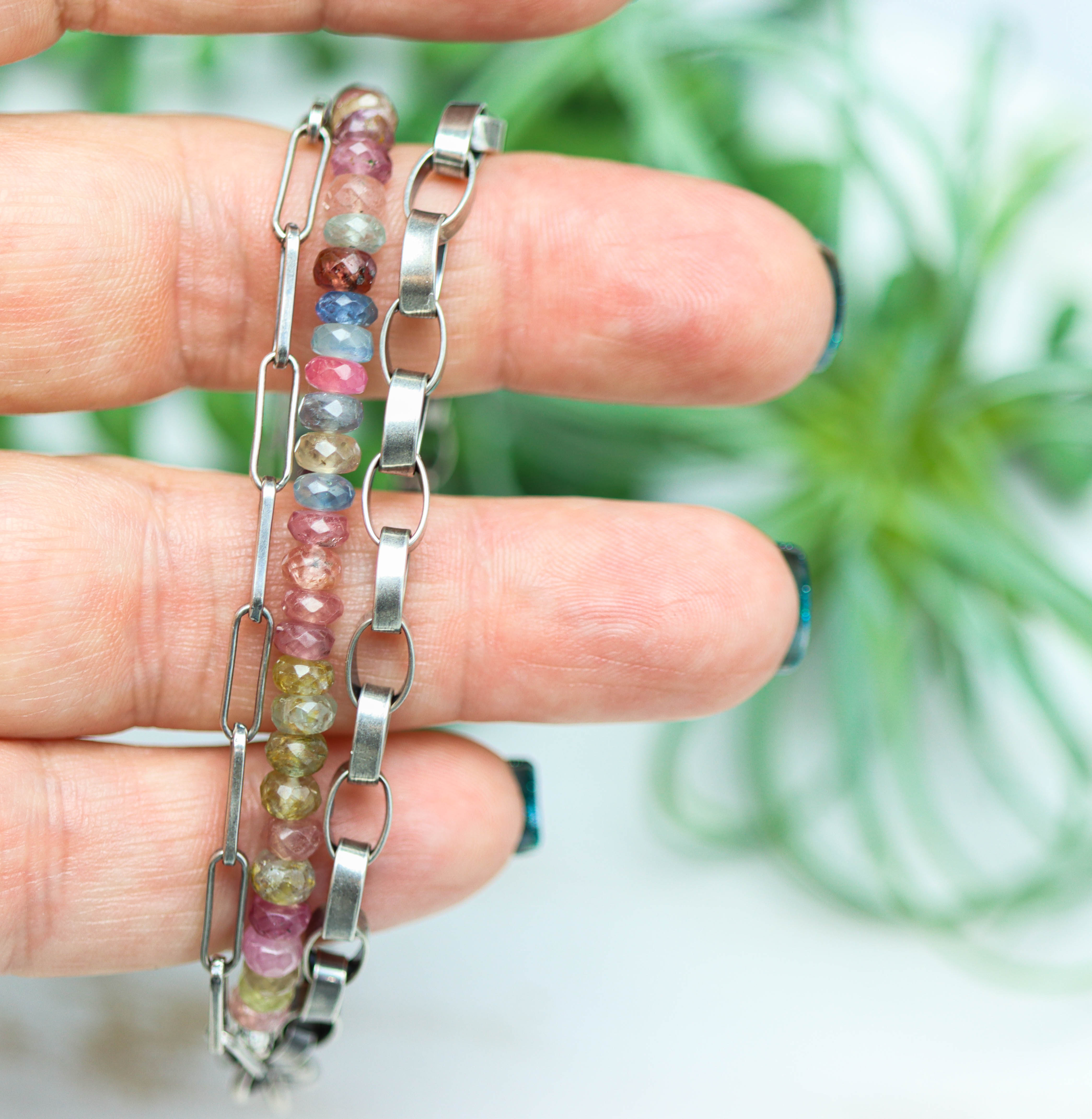 Multi-Colored Sapphire & Sterling Silver Triple Strand Bracelet