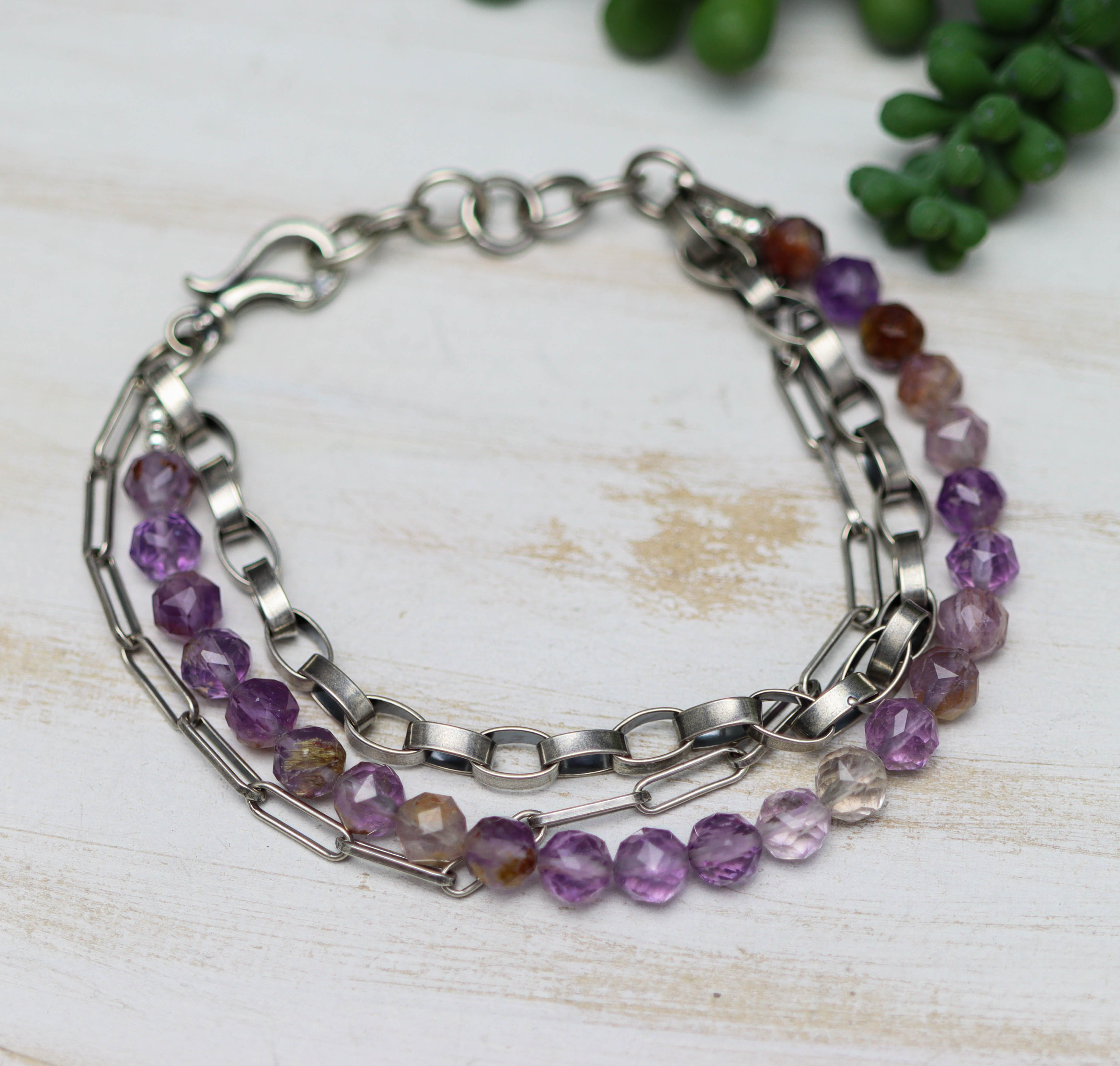 Super Seven & Sterling Silver Triple Strand Bracelet