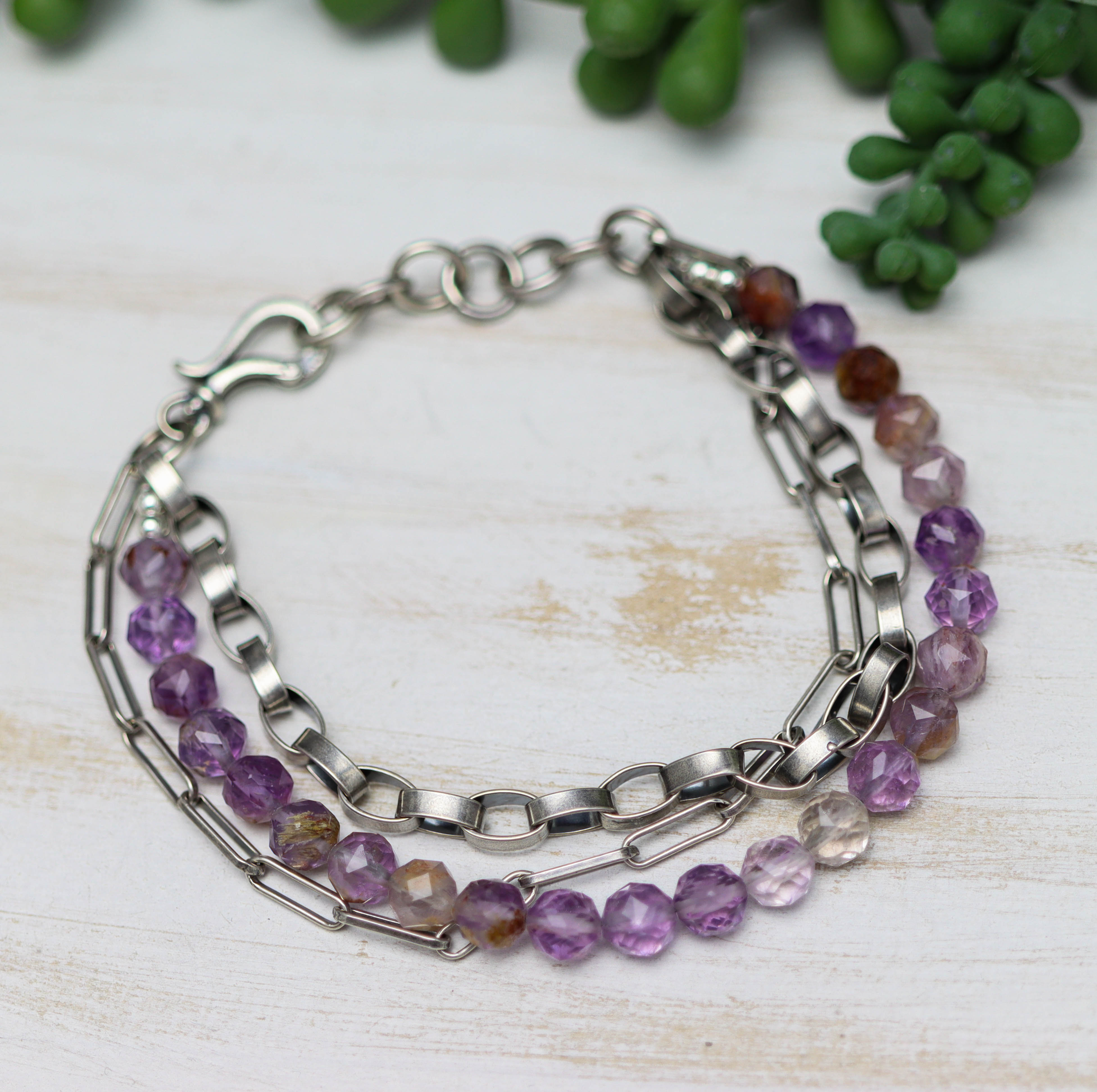 Super Seven & Sterling Silver Triple Strand Bracelet