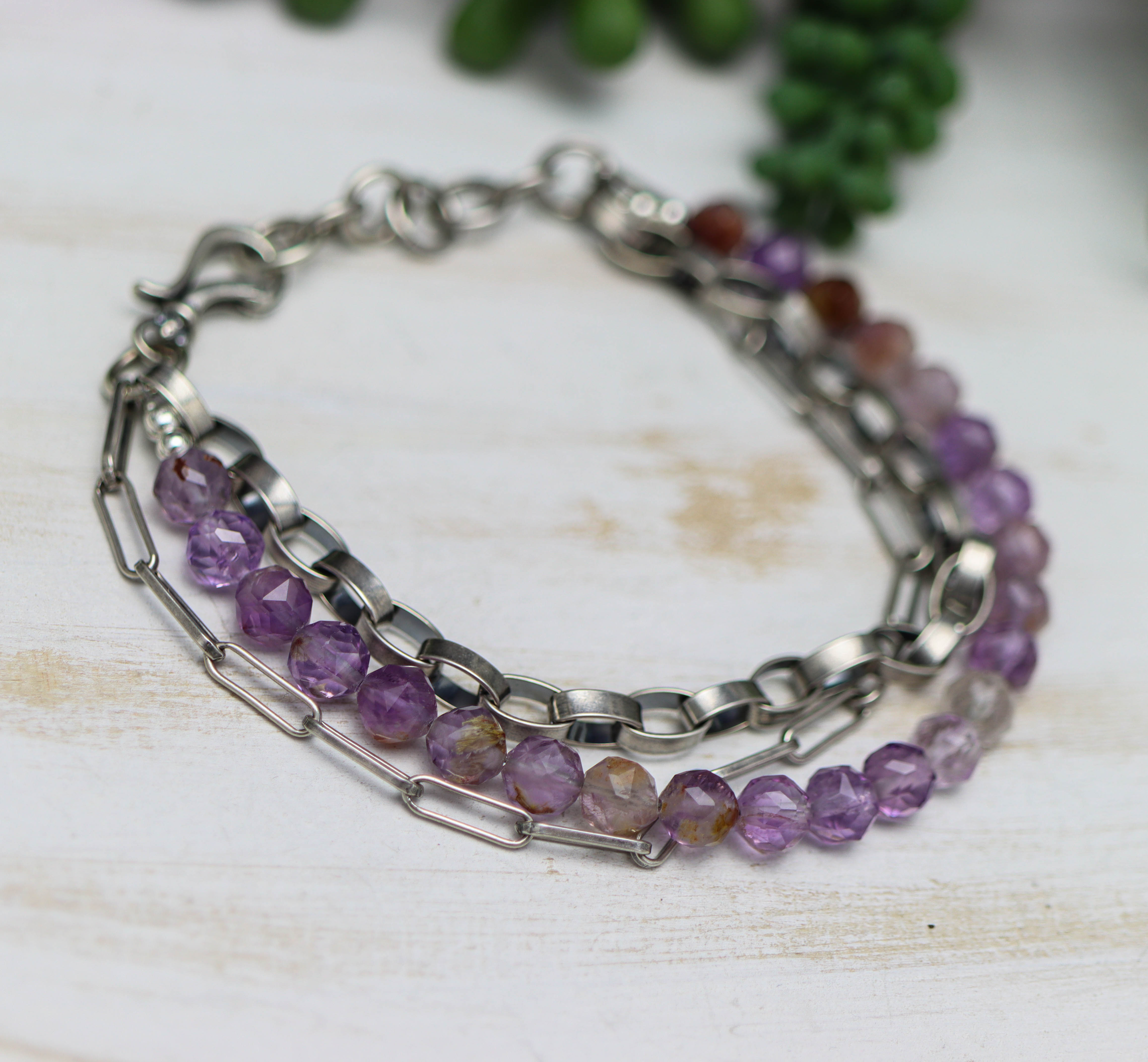 Super Seven & Sterling Silver Triple Strand Bracelet