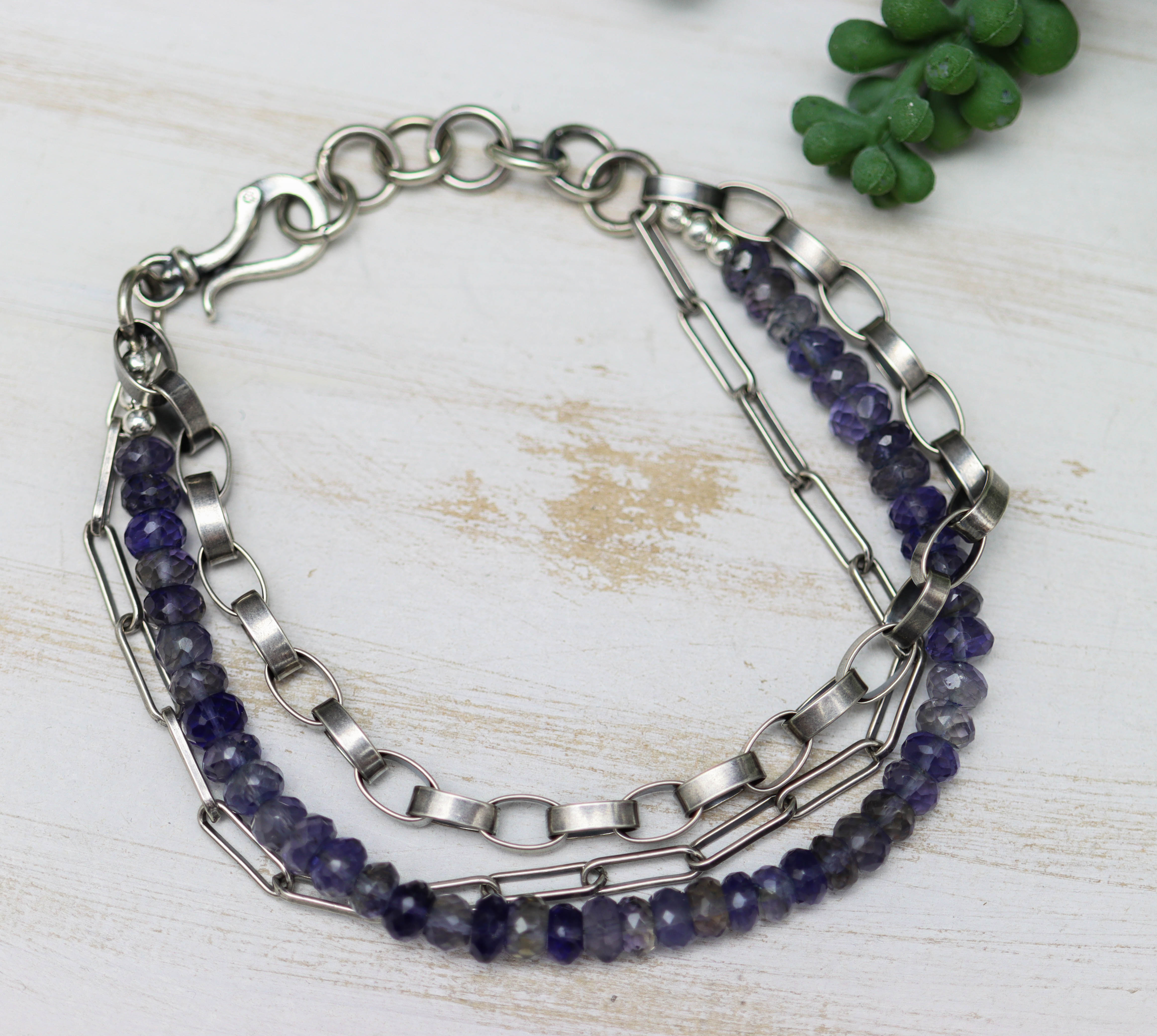Blue Violet Iolite & Sterling Silver Triple Strand Bracelet