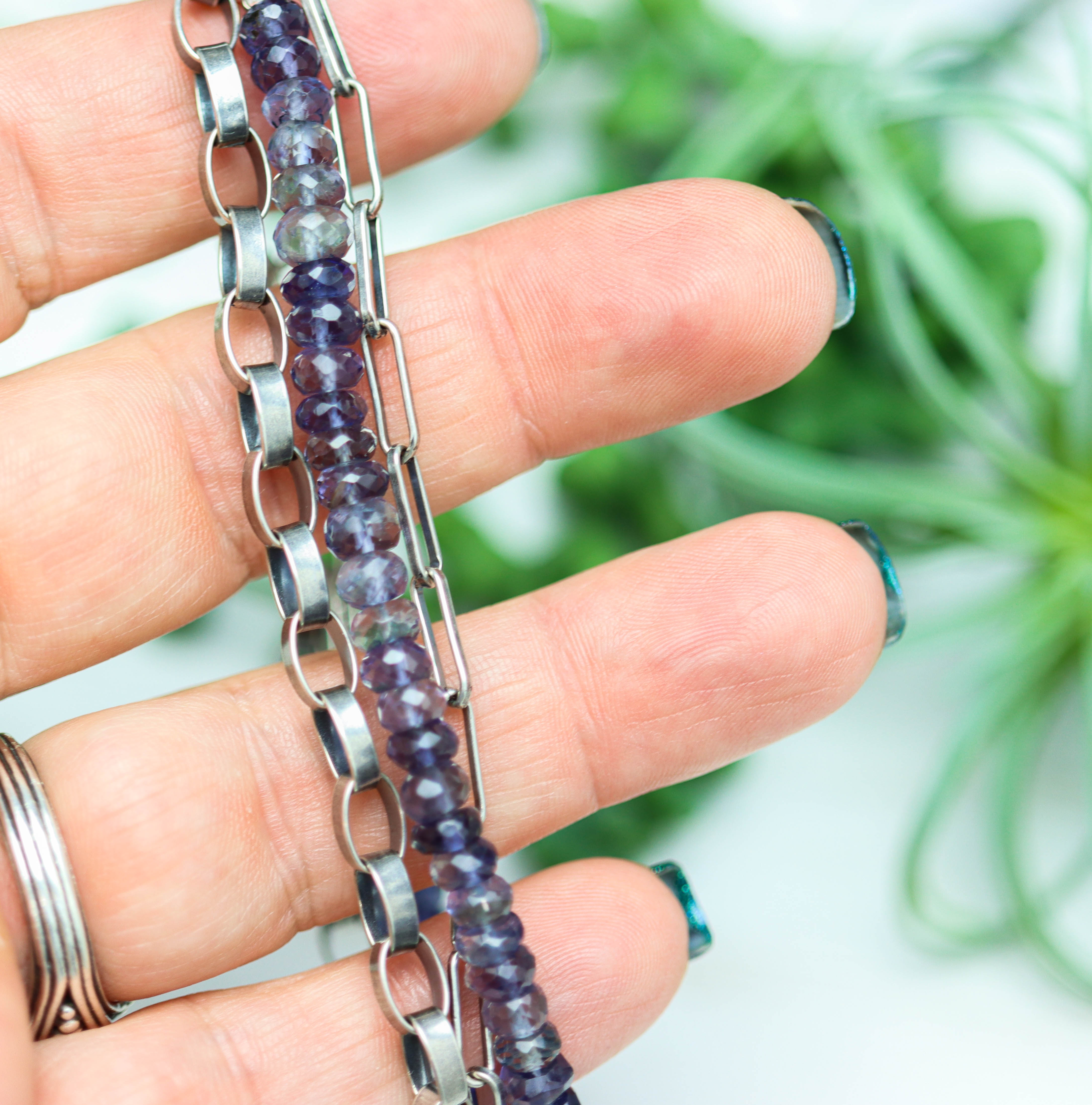 Blue Violet Iolite & Sterling Silver Triple Strand Bracelet