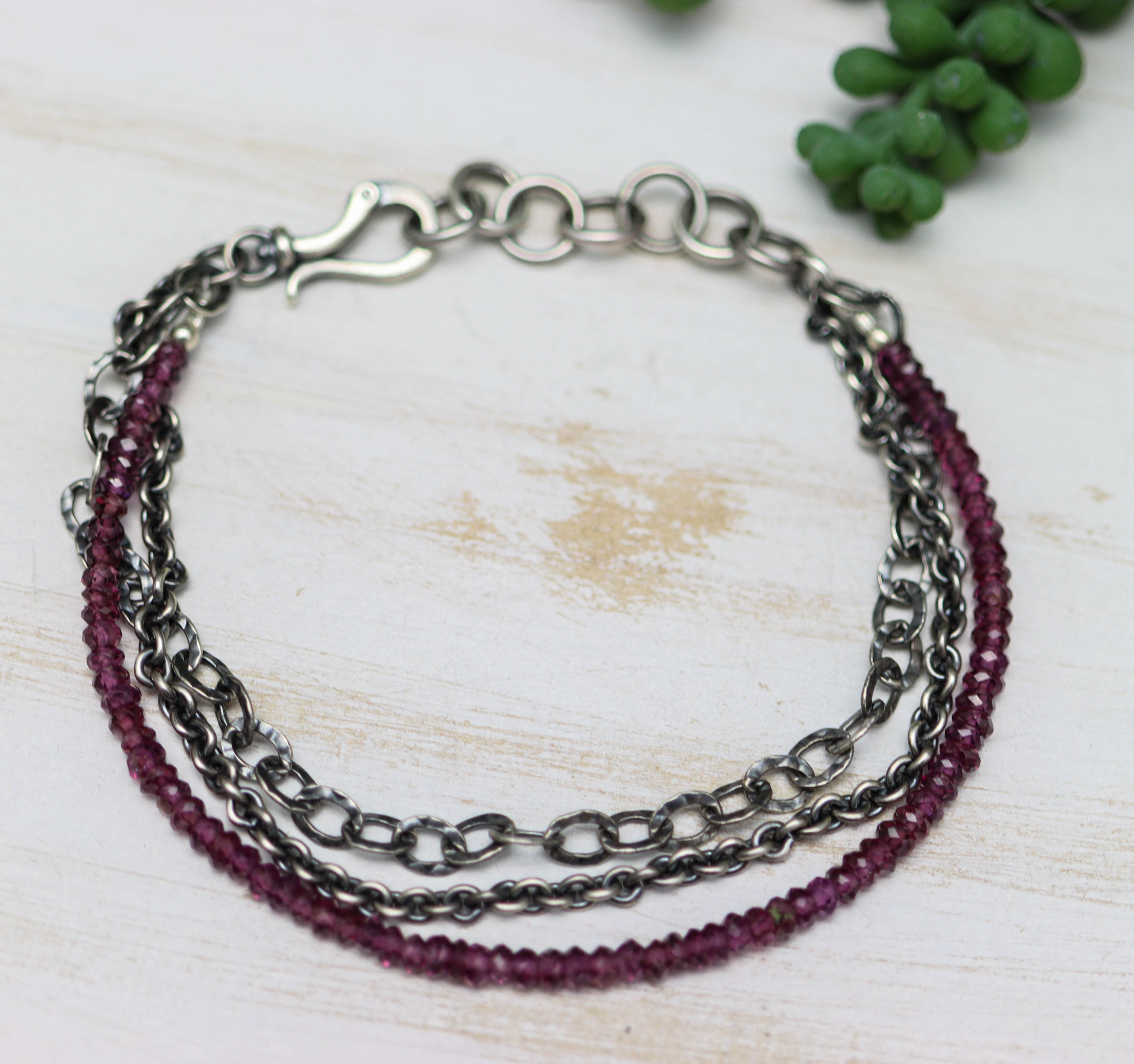 Grape Garnet Multi Strand Bracelet Sterling Silver