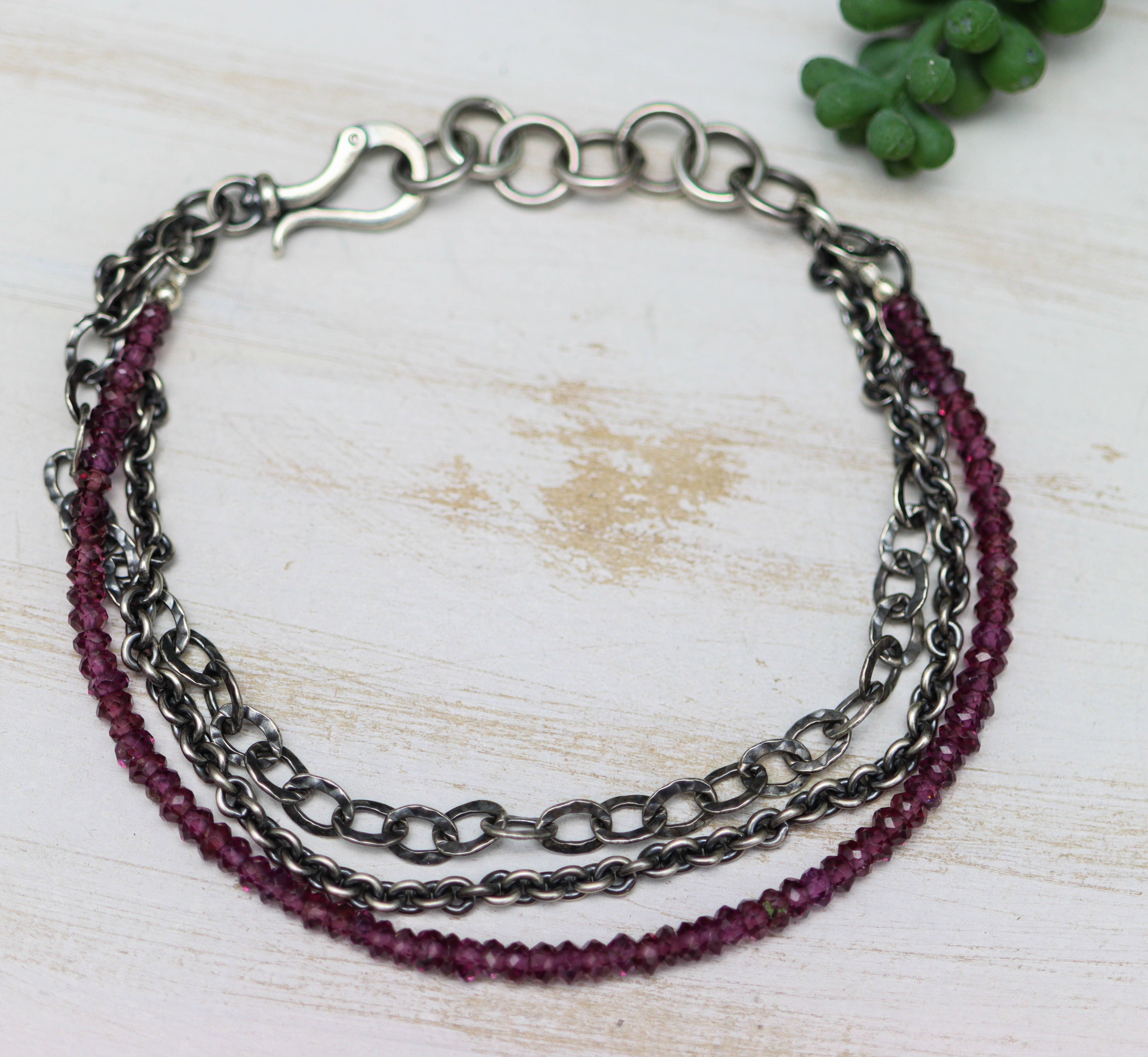 Grape Garnet Multi Strand Bracelet Sterling Silver