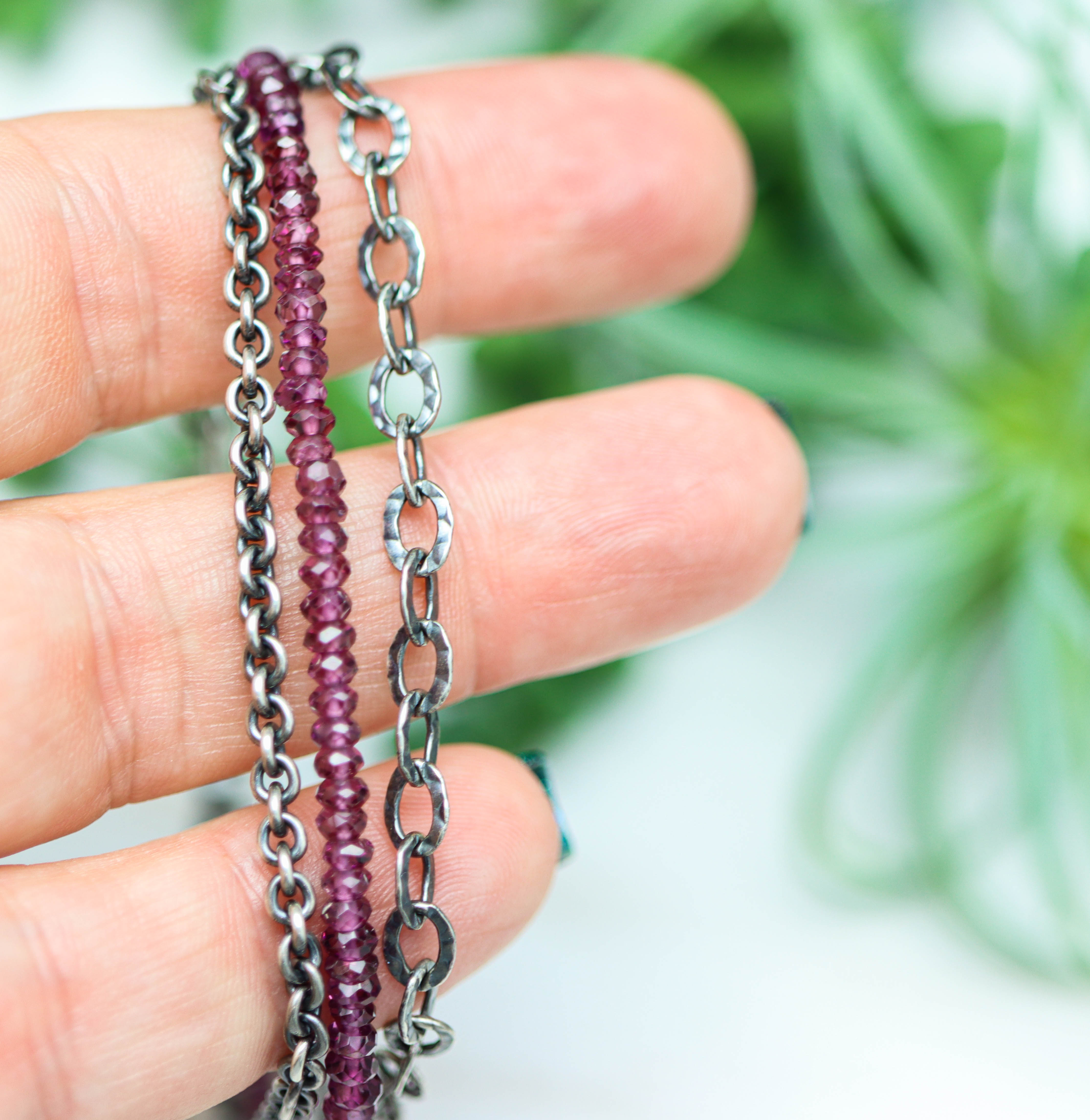 Grape Garnet Multi Strand Bracelet Sterling Silver