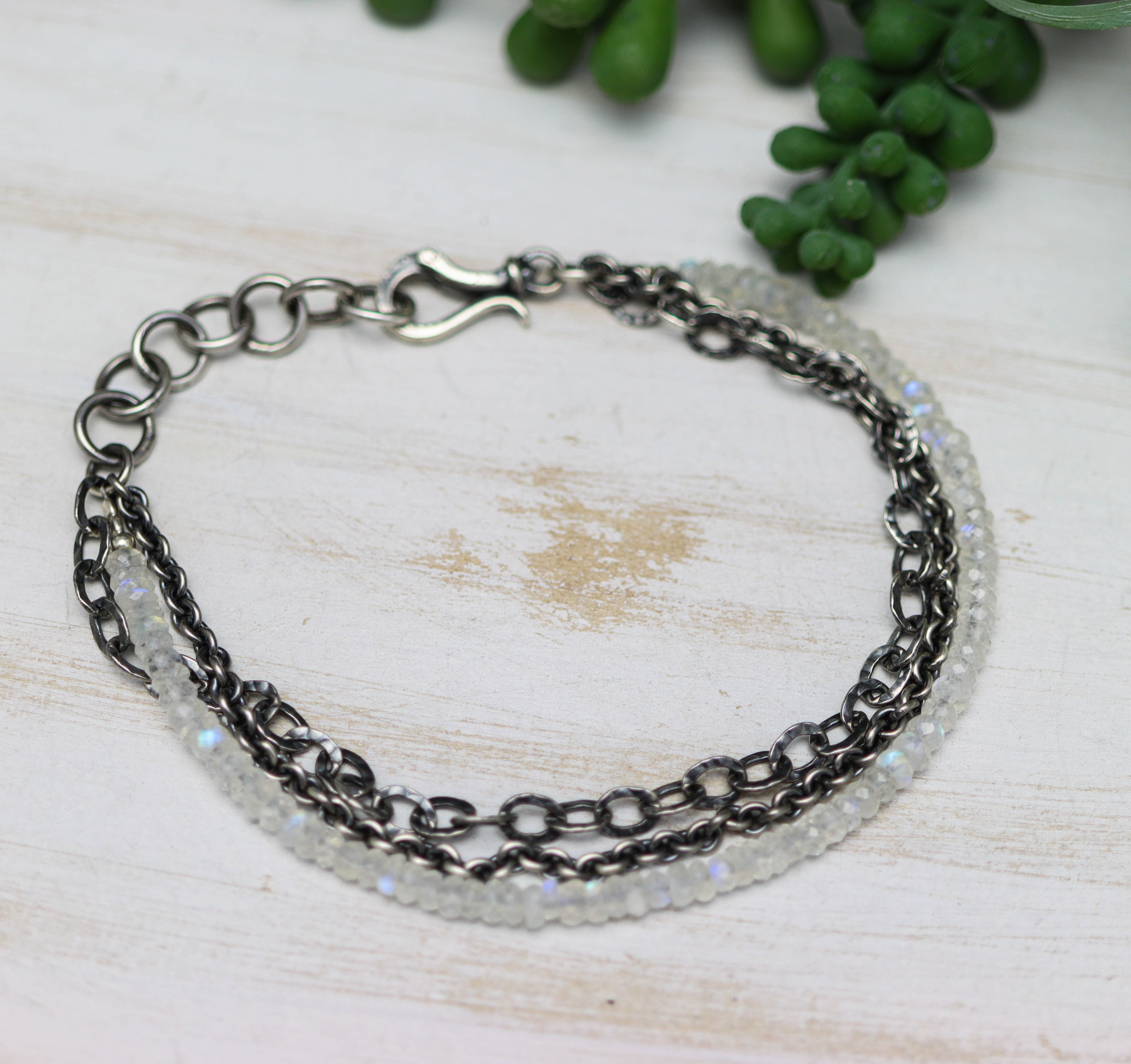 Rainbow Moonstone & Sterling Silver Triple Strand Bracelet