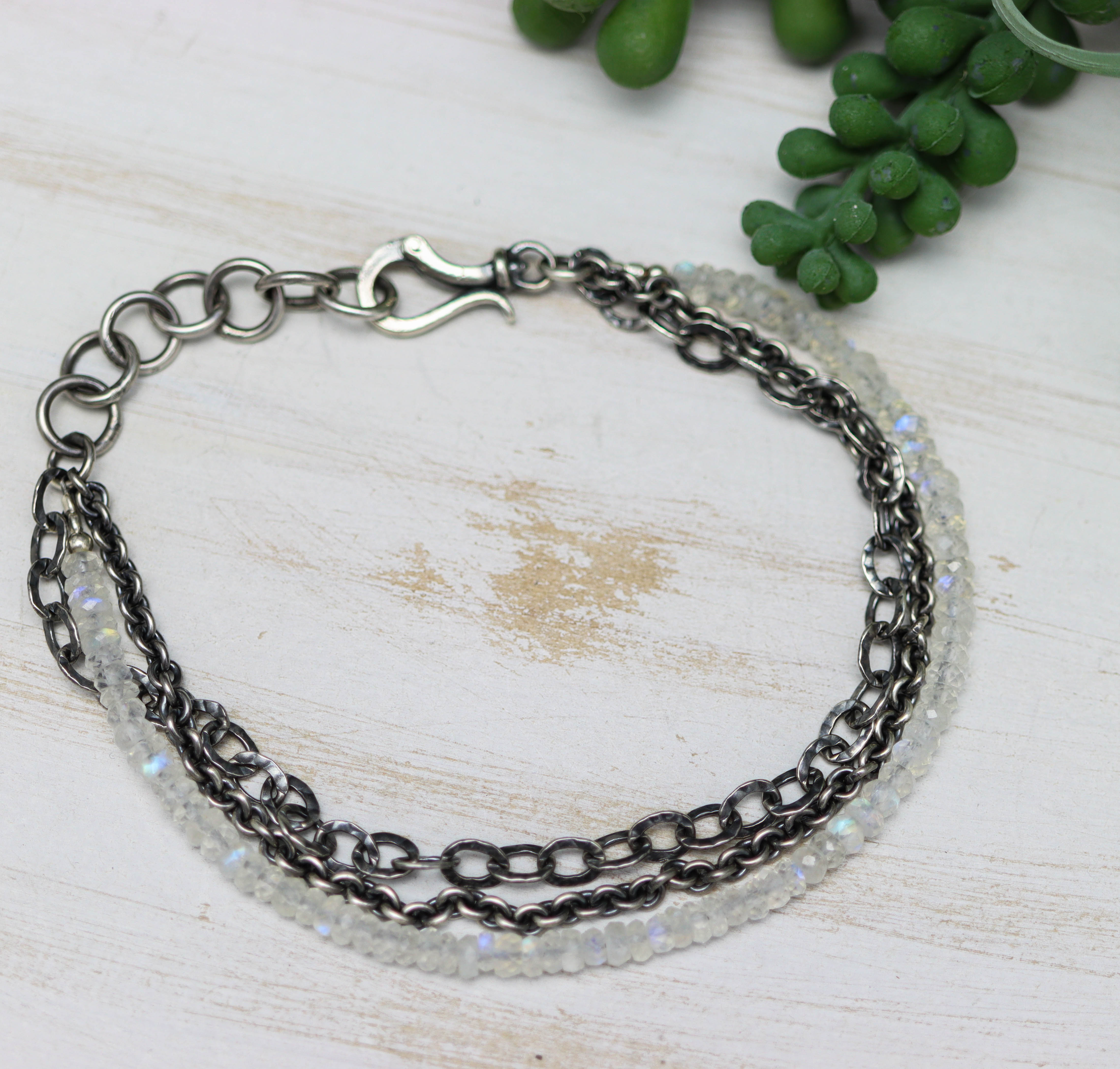 Rainbow Moonstone & Sterling Silver Triple Strand Bracelet