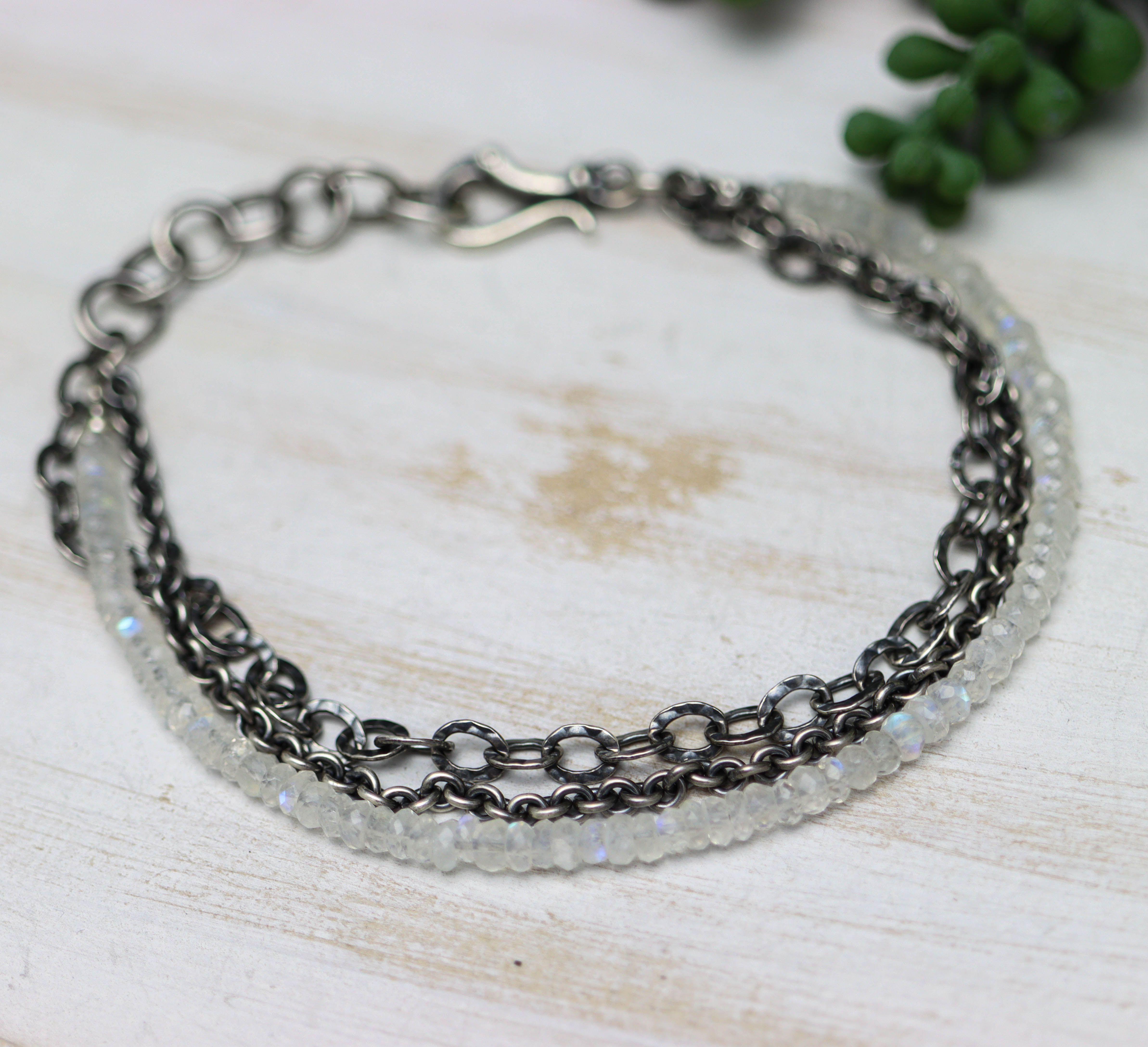 Rainbow Moonstone & Sterling Silver Triple Strand Bracelet