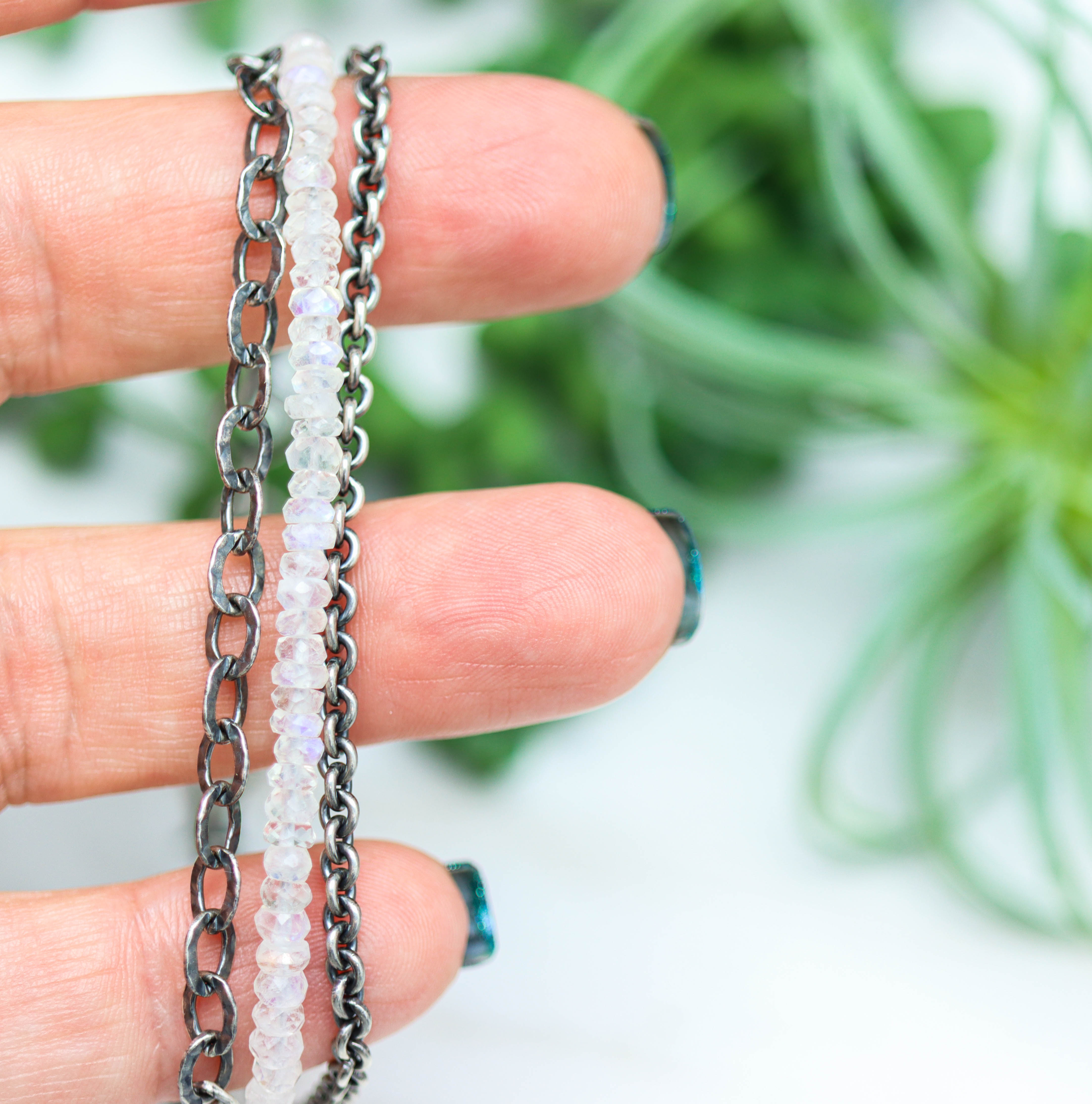 Rainbow Moonstone & Sterling Silver Triple Strand Bracelet