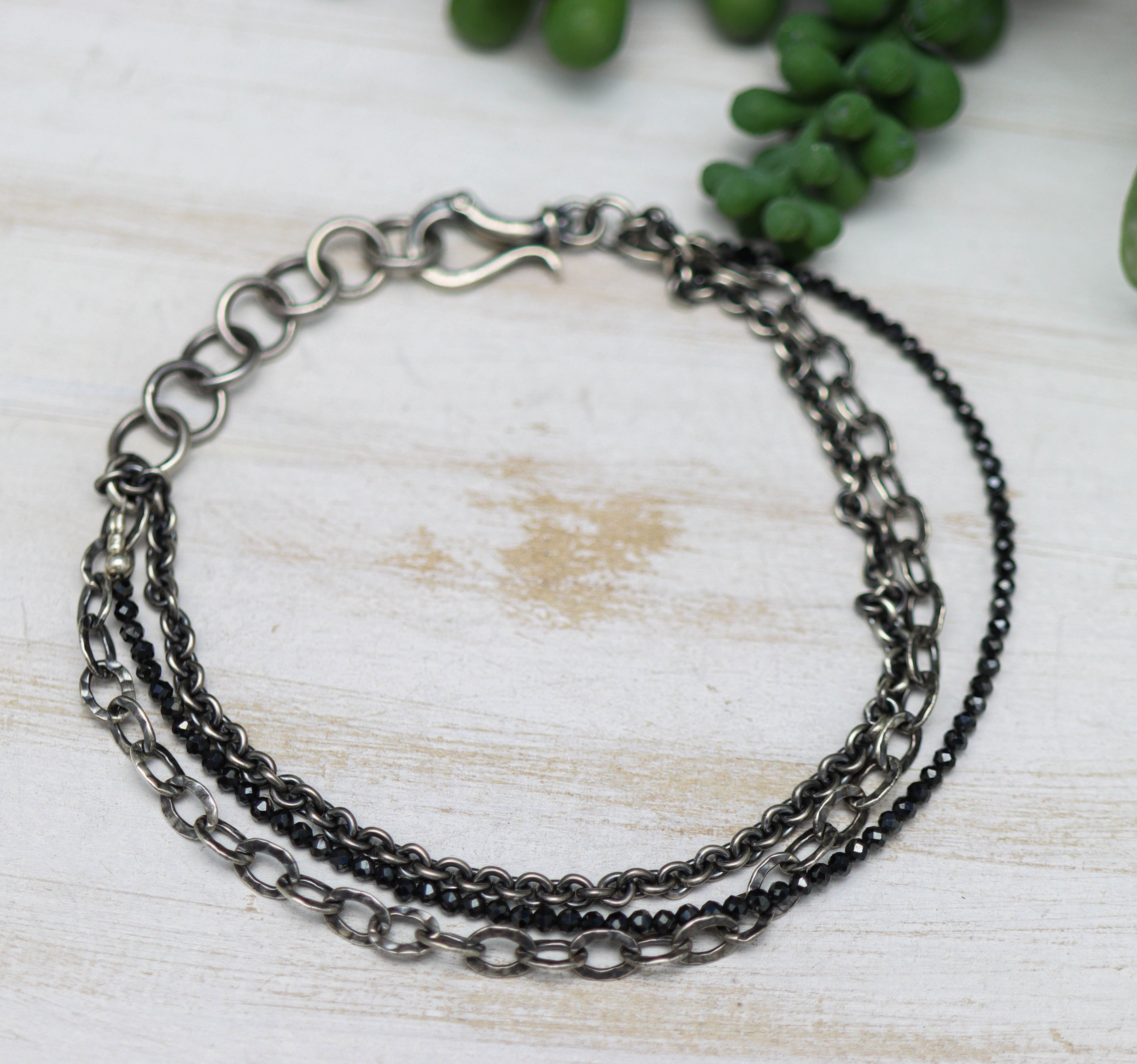 Black Spinel & Sterling Silver Triple Strand Bracelet