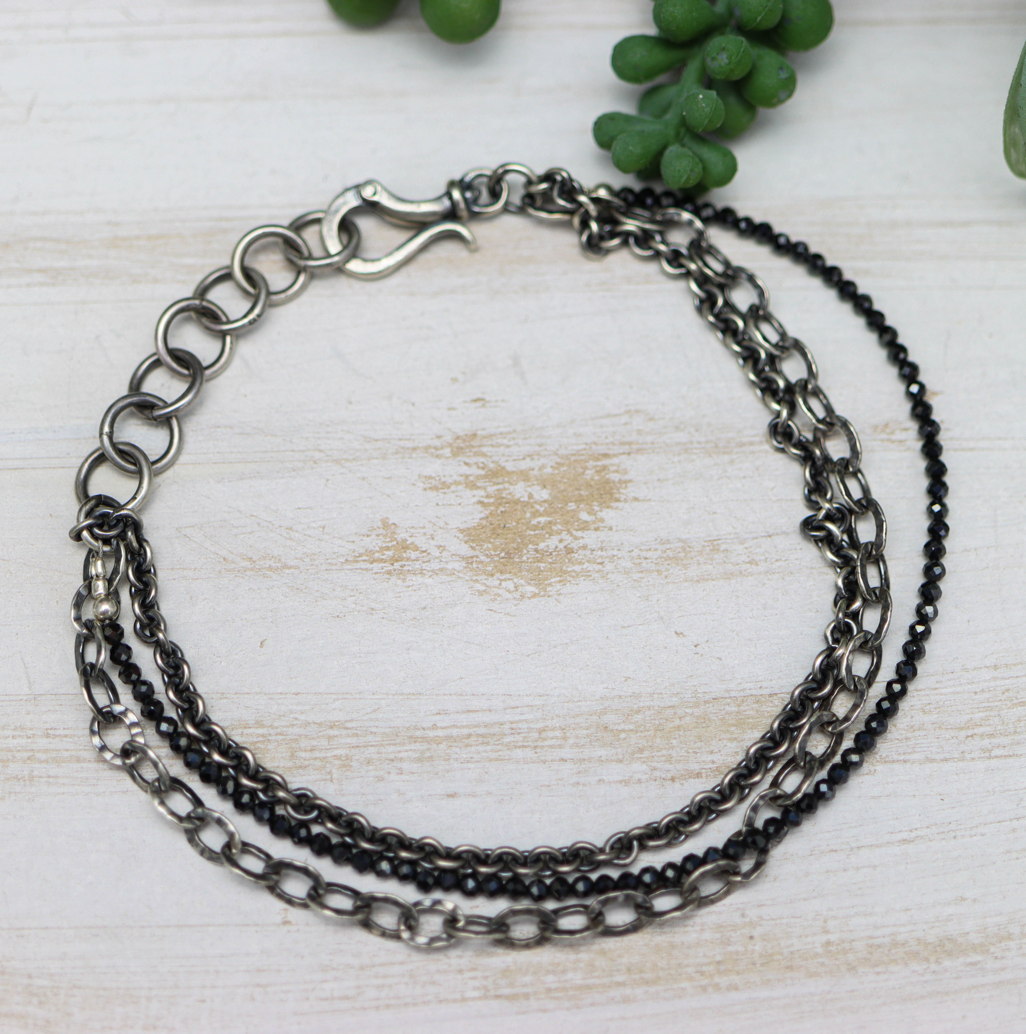 Black Spinel & Sterling Silver Triple Strand Bracelet