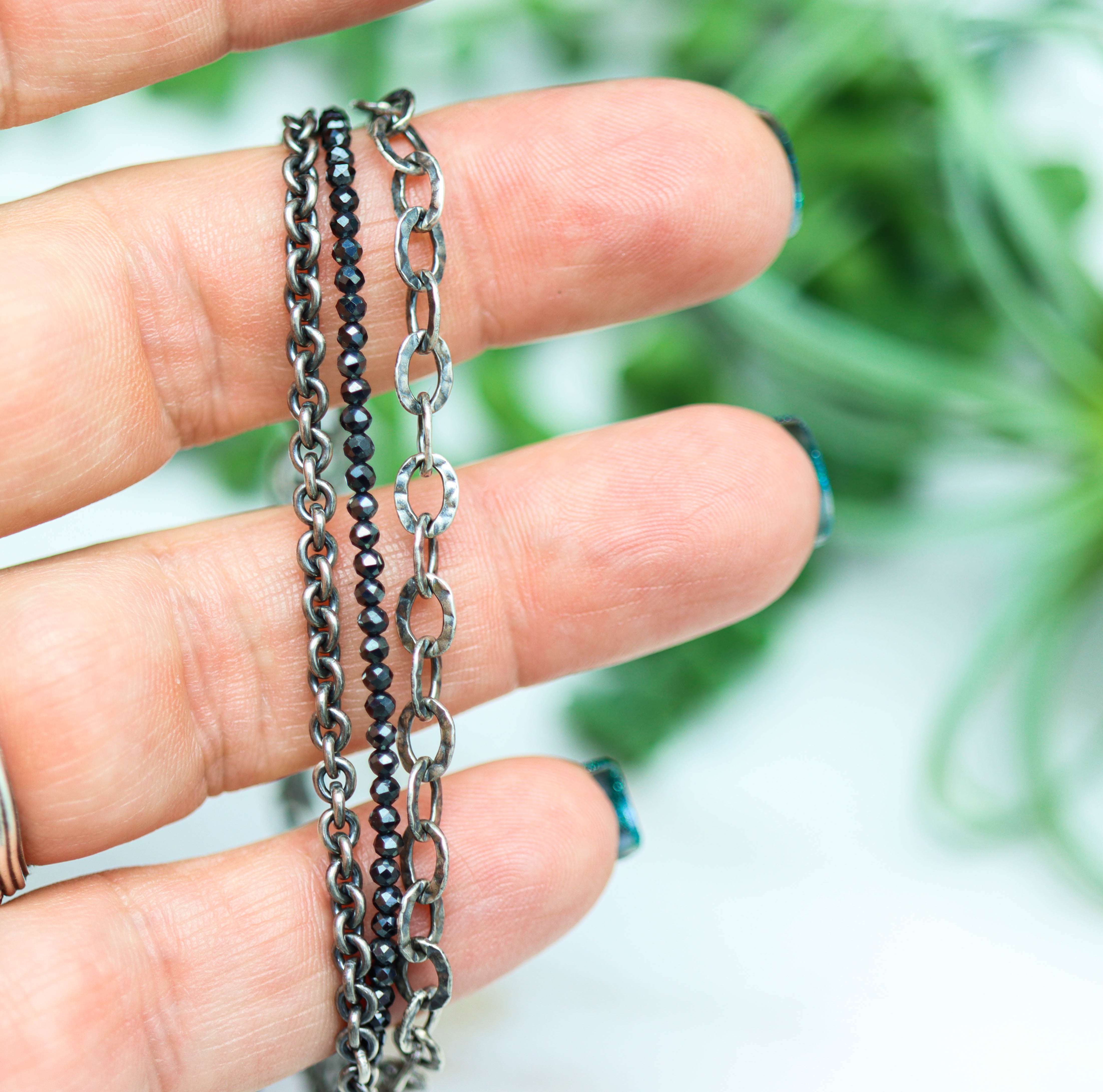 Black Spinel & Sterling Silver Triple Strand Bracelet