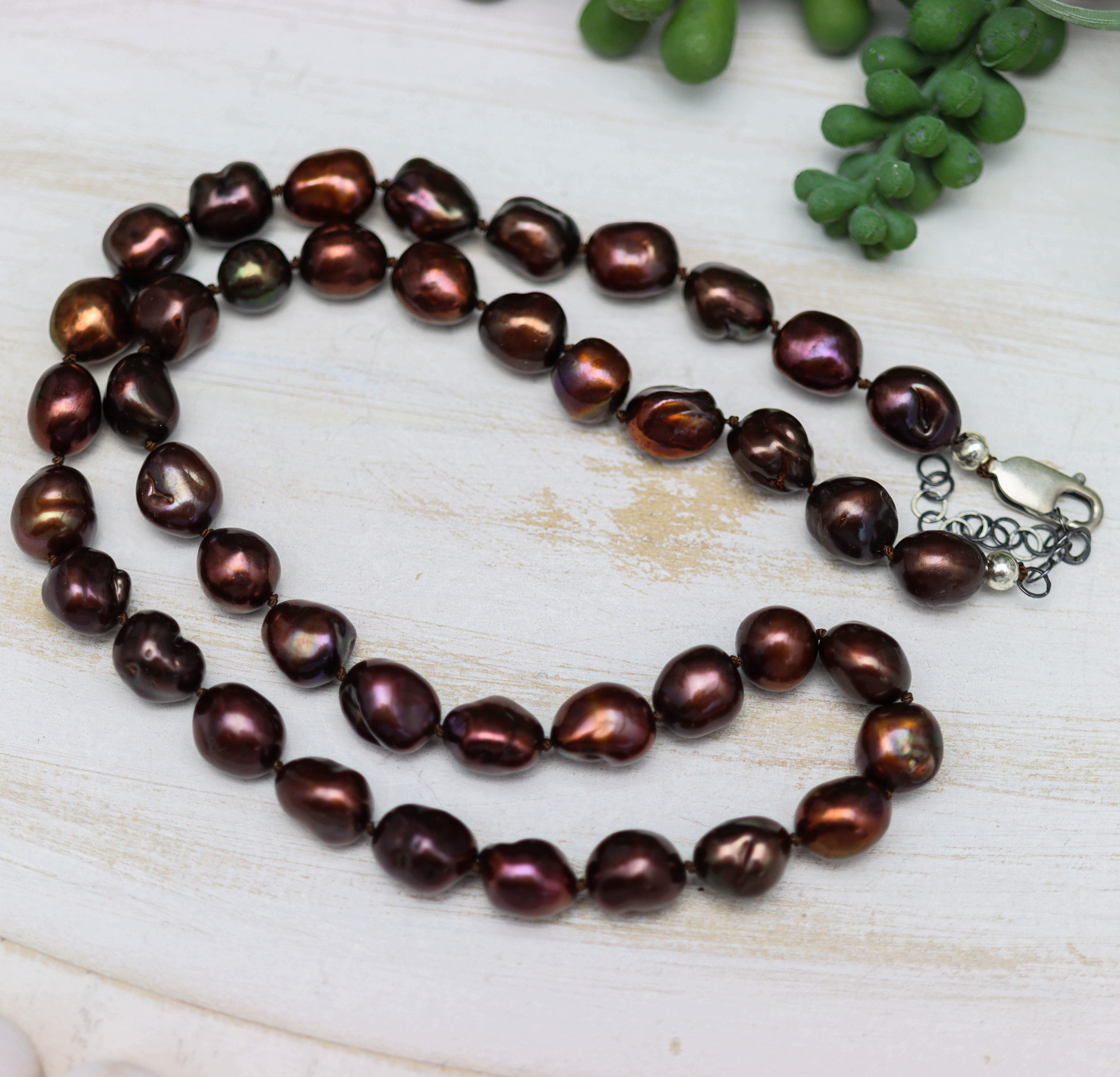 Chocolate Freshwater Baroque Pearl Hand-Knotted Strand Necklace in Sterling Silver