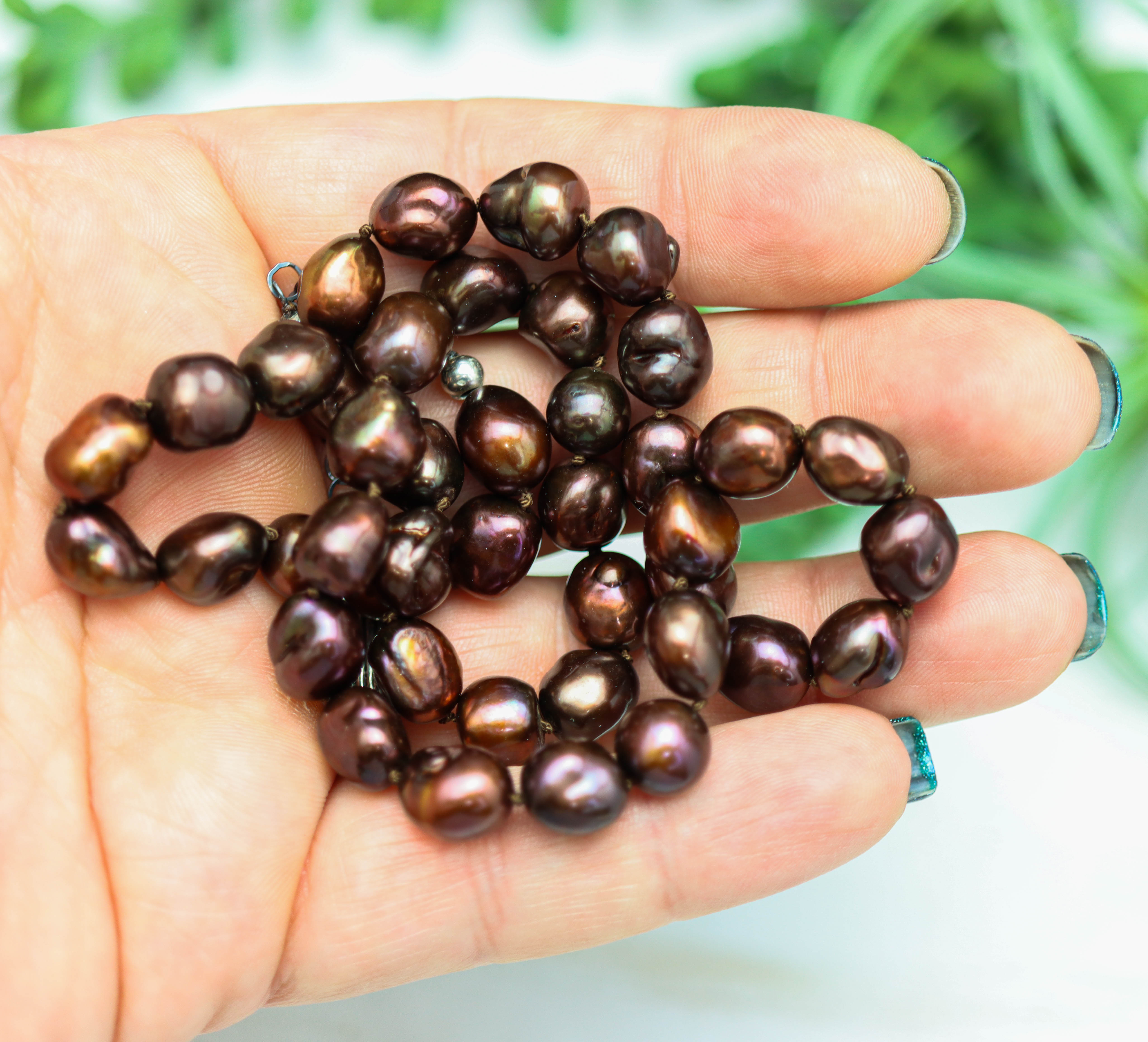 Chocolate Freshwater Baroque Pearl Hand-Knotted Strand Necklace in Sterling Silver