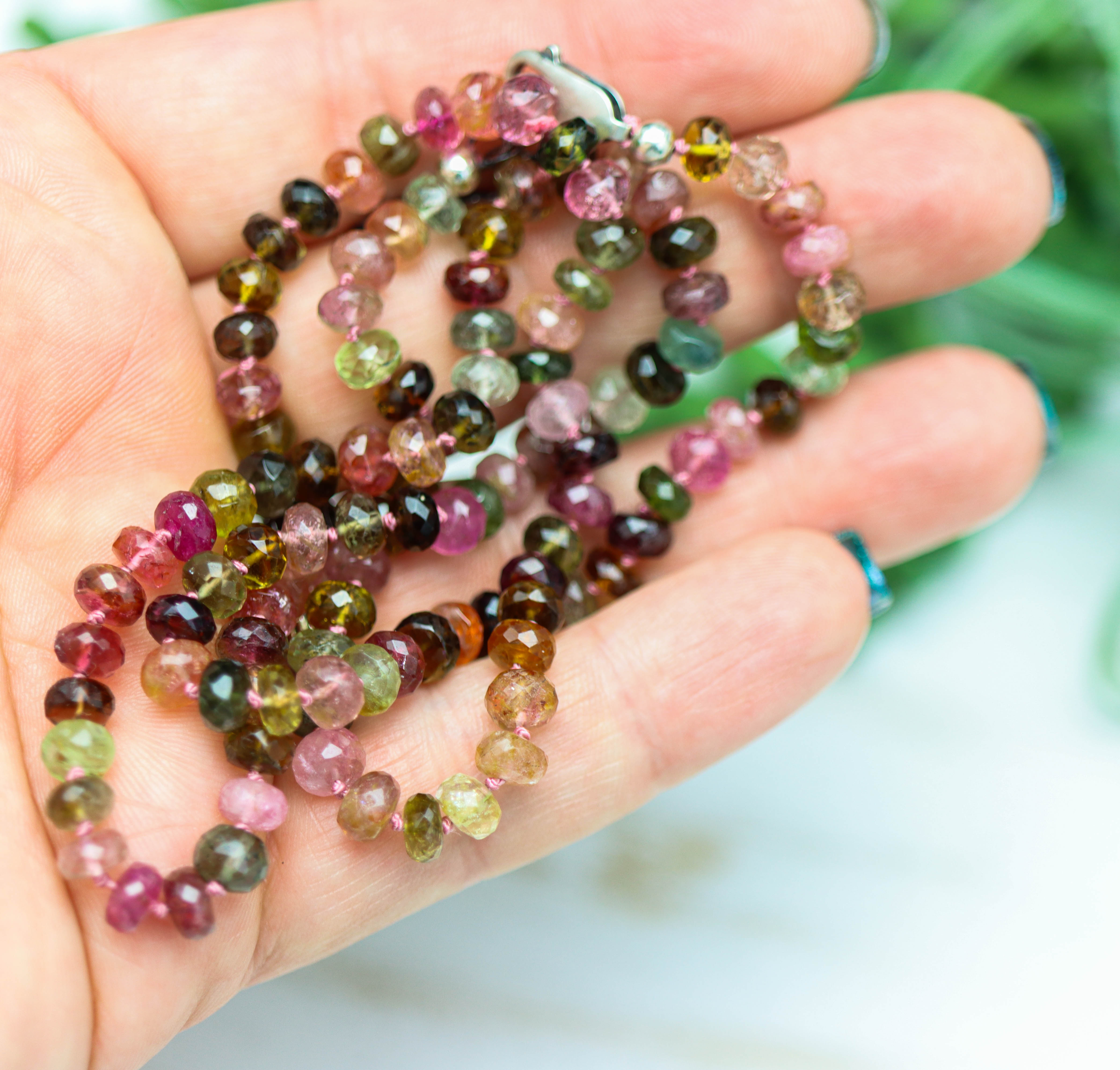 Multi Colored Tourmaline Hand Knotted Bead Necklace Sterling Silver