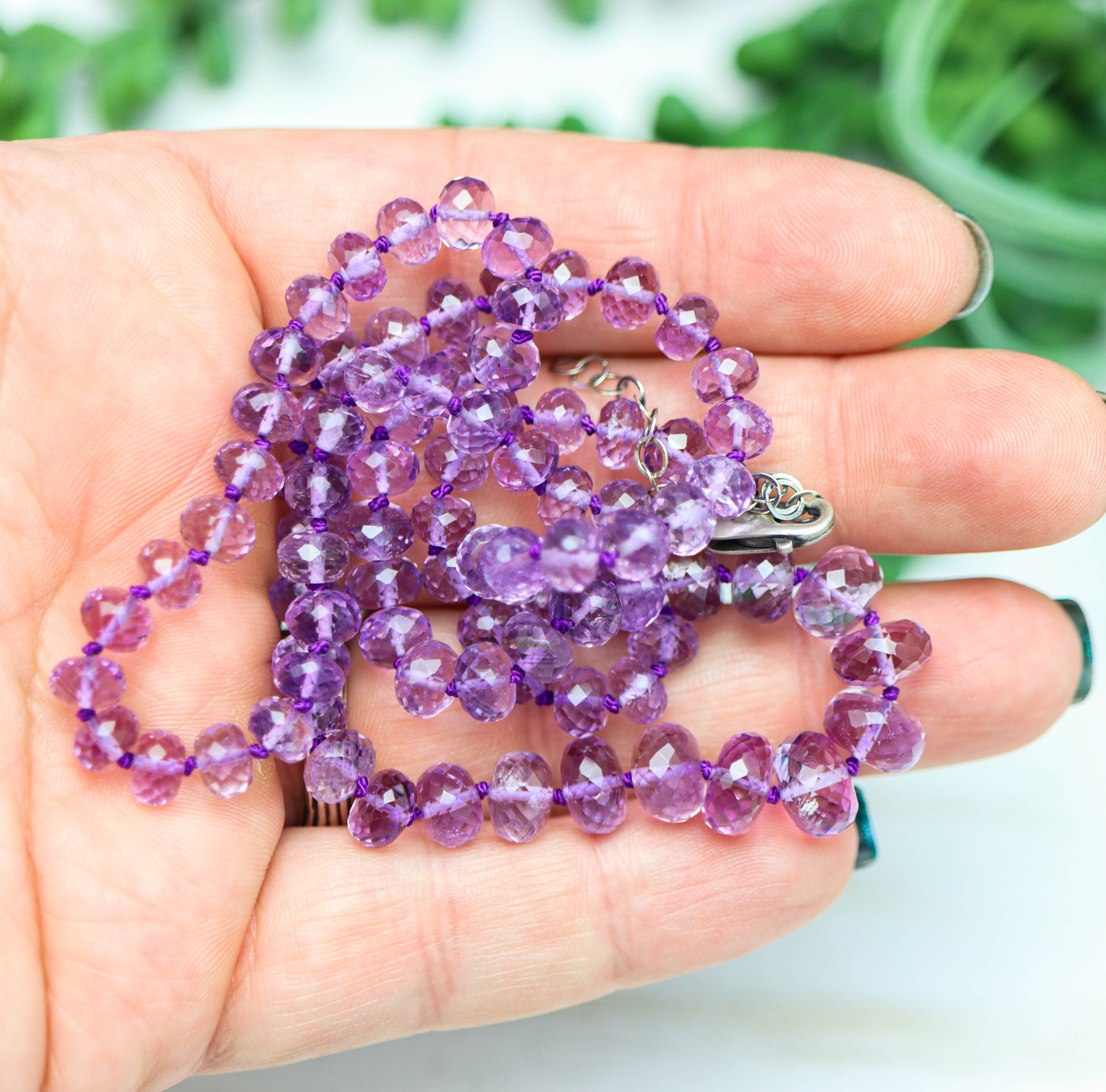 Amethyst Hand Knotted Bead Necklace Sterling Silver Graduated Size