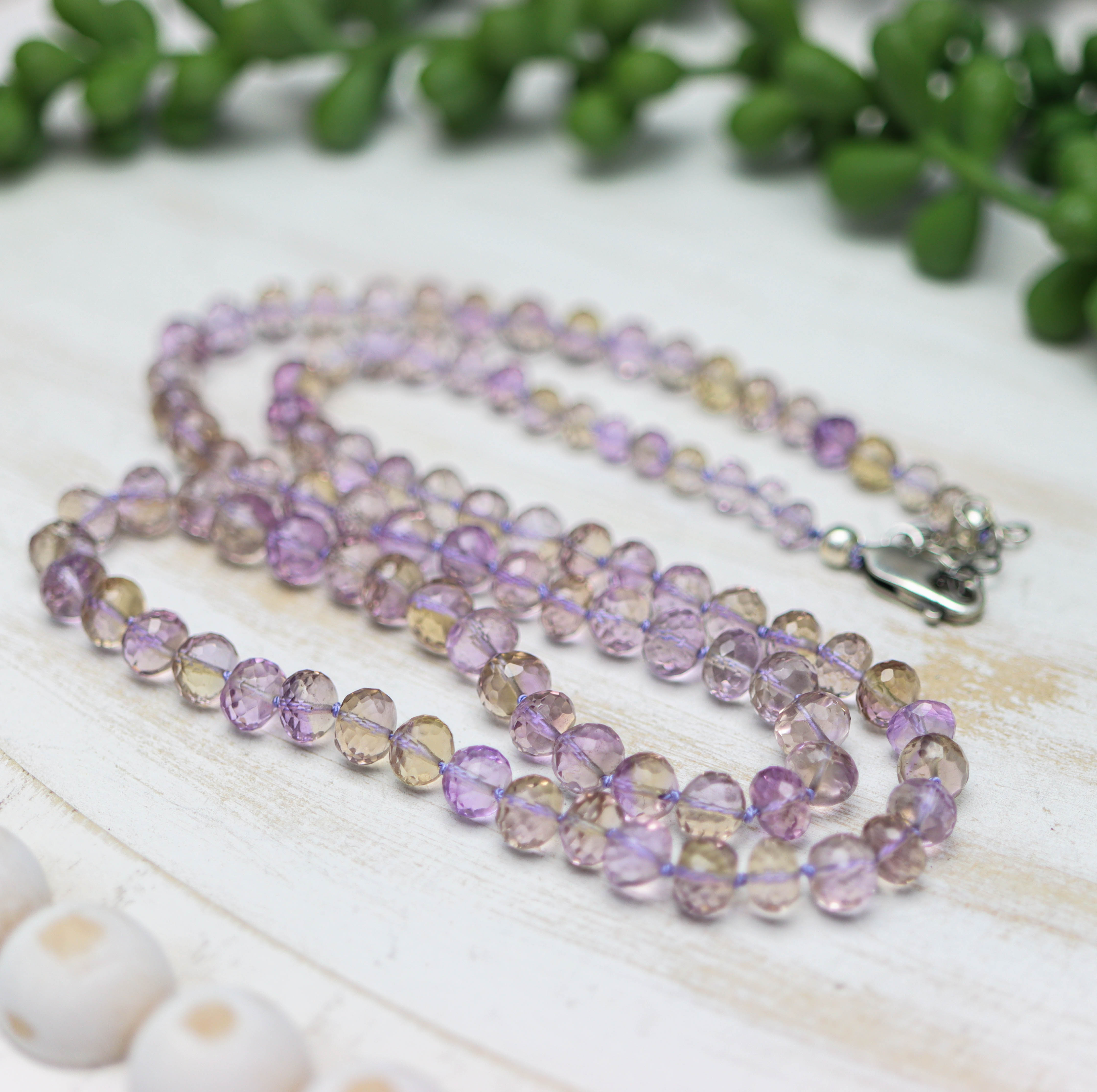 Stunning Ametrine Hand Knotted Bead Necklace Sterling Silver