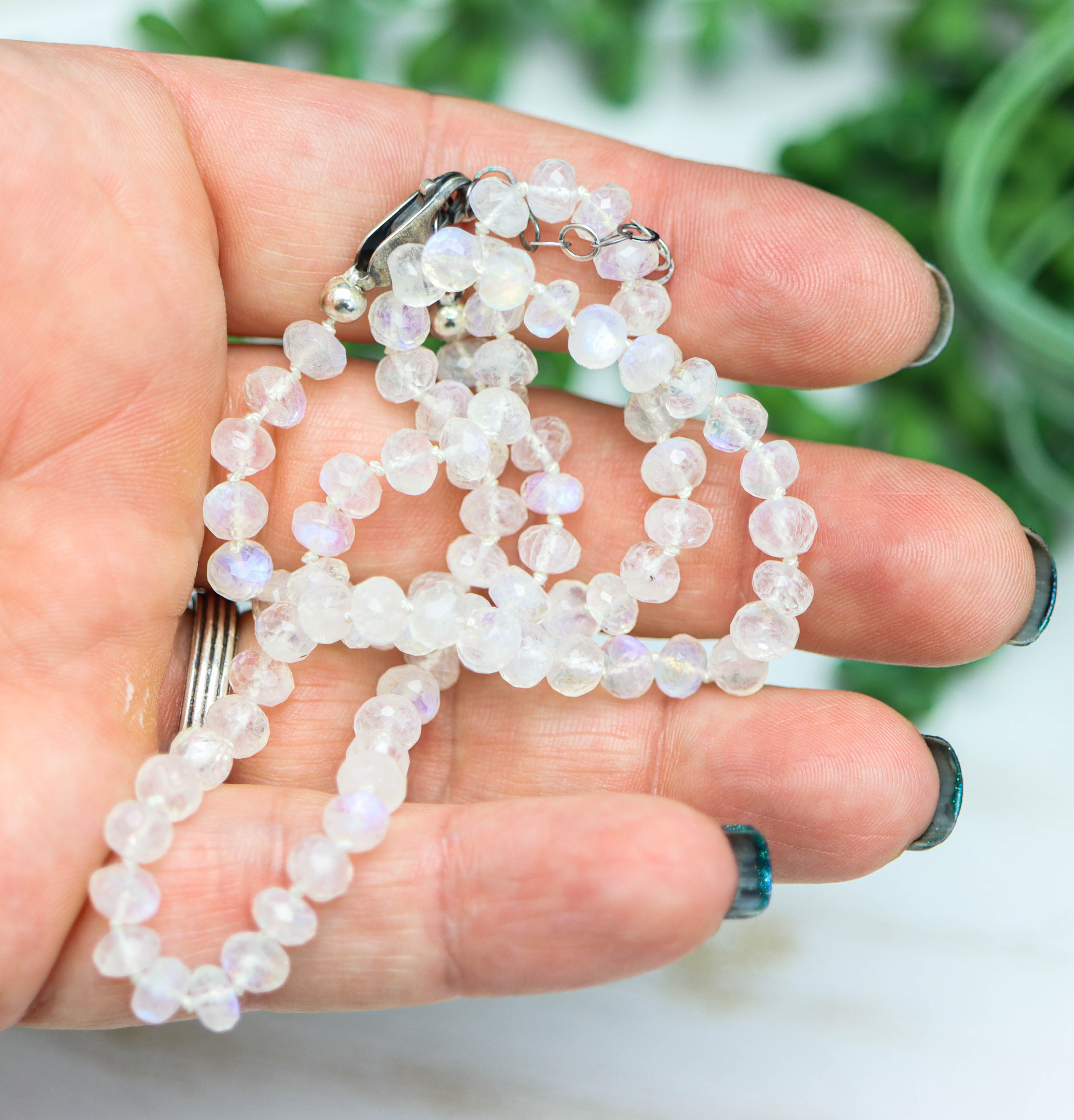 Rainbow Moonstone Hand Knotted Bead Necklace Sterling Silver 18 inch