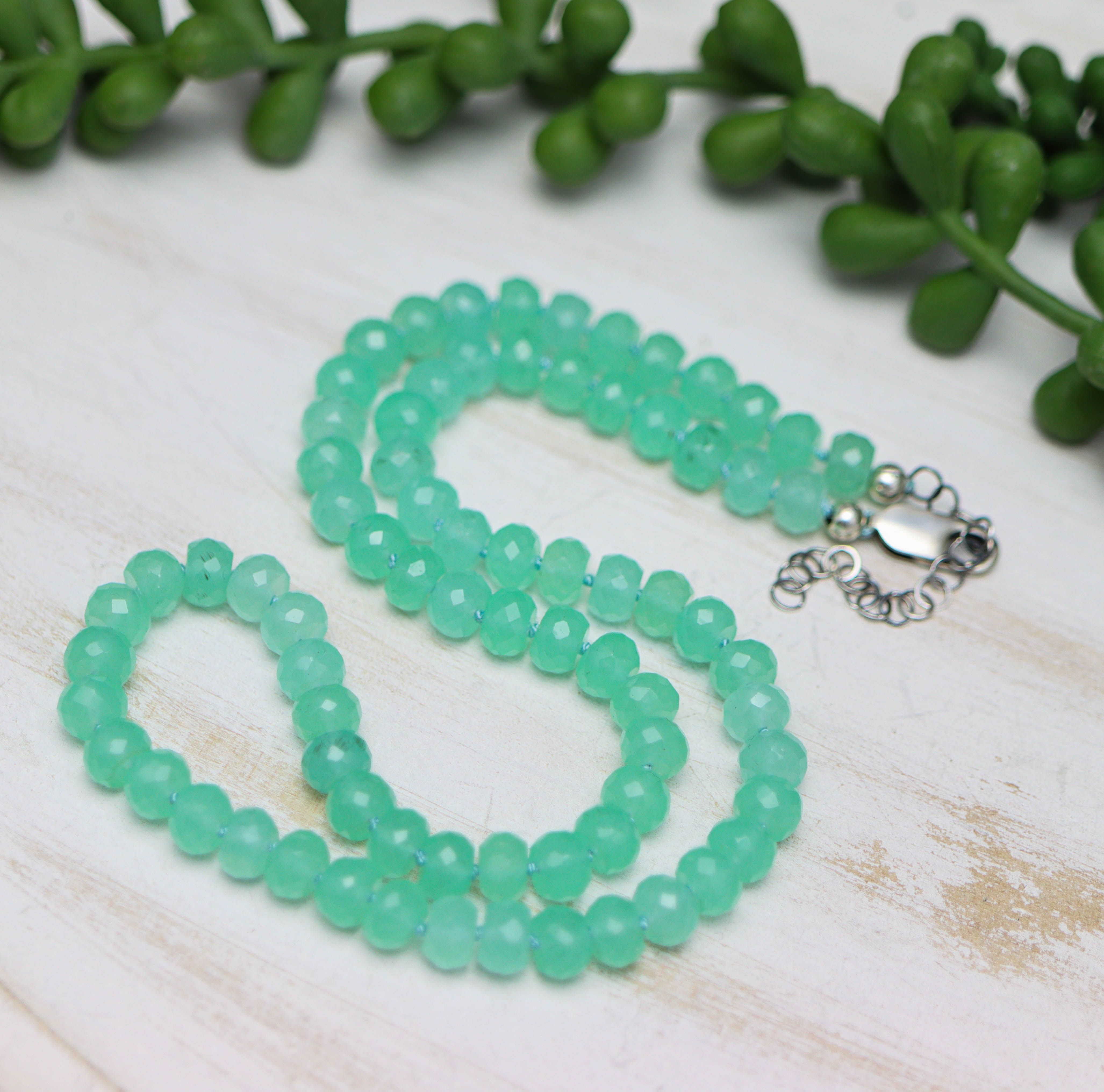 Aqua Chalcedony Hand Knotted Bead Necklace Sterling Silver 16 inch