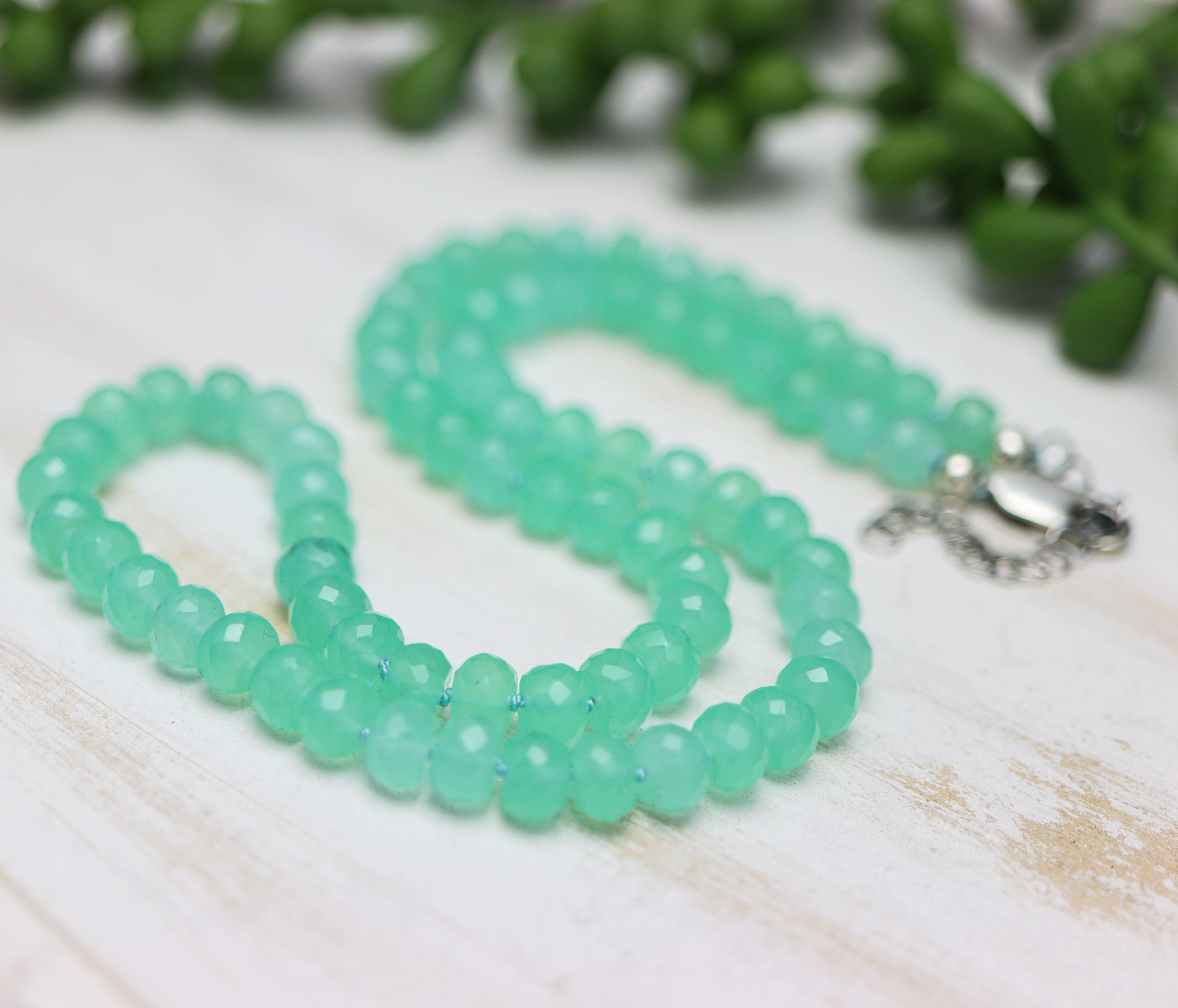 Aqua Chalcedony Hand Knotted Bead Necklace Sterling Silver 16 inch