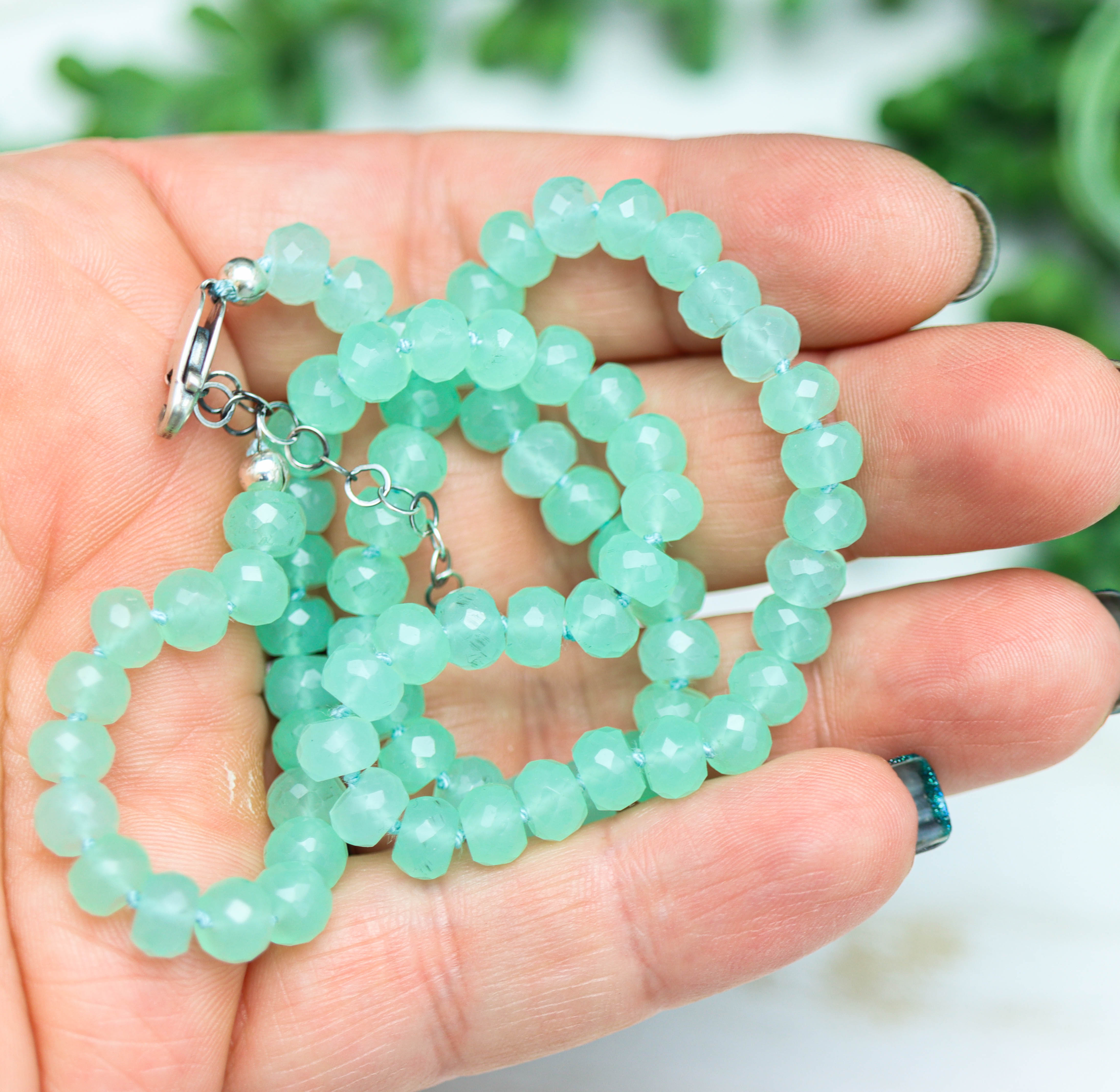 Aqua Chalcedony Hand Knotted Bead Necklace Sterling Silver 16 inch