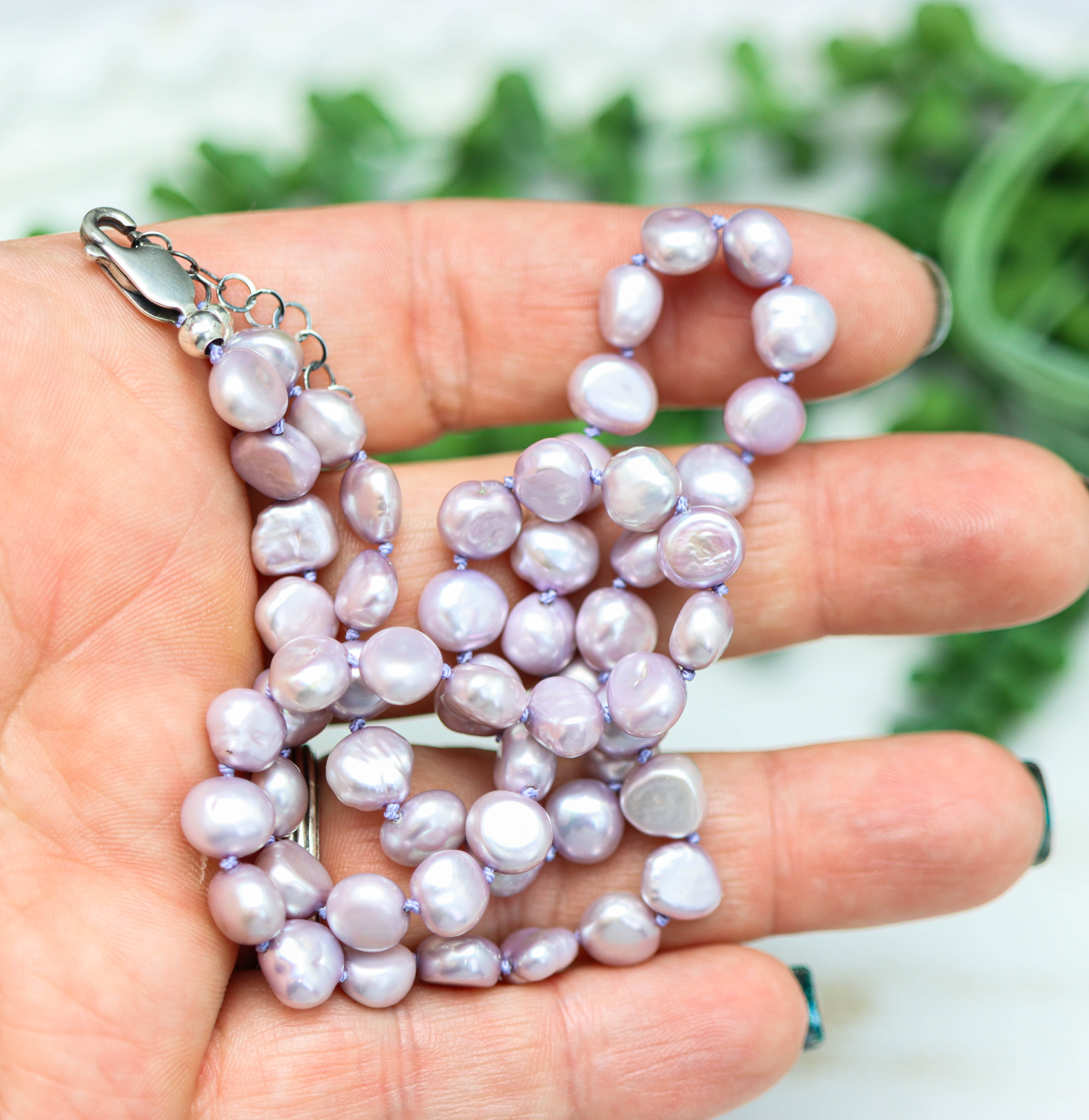 Purple Freshwater Pearl Hand Knotted Bead Necklace Sterling Silver