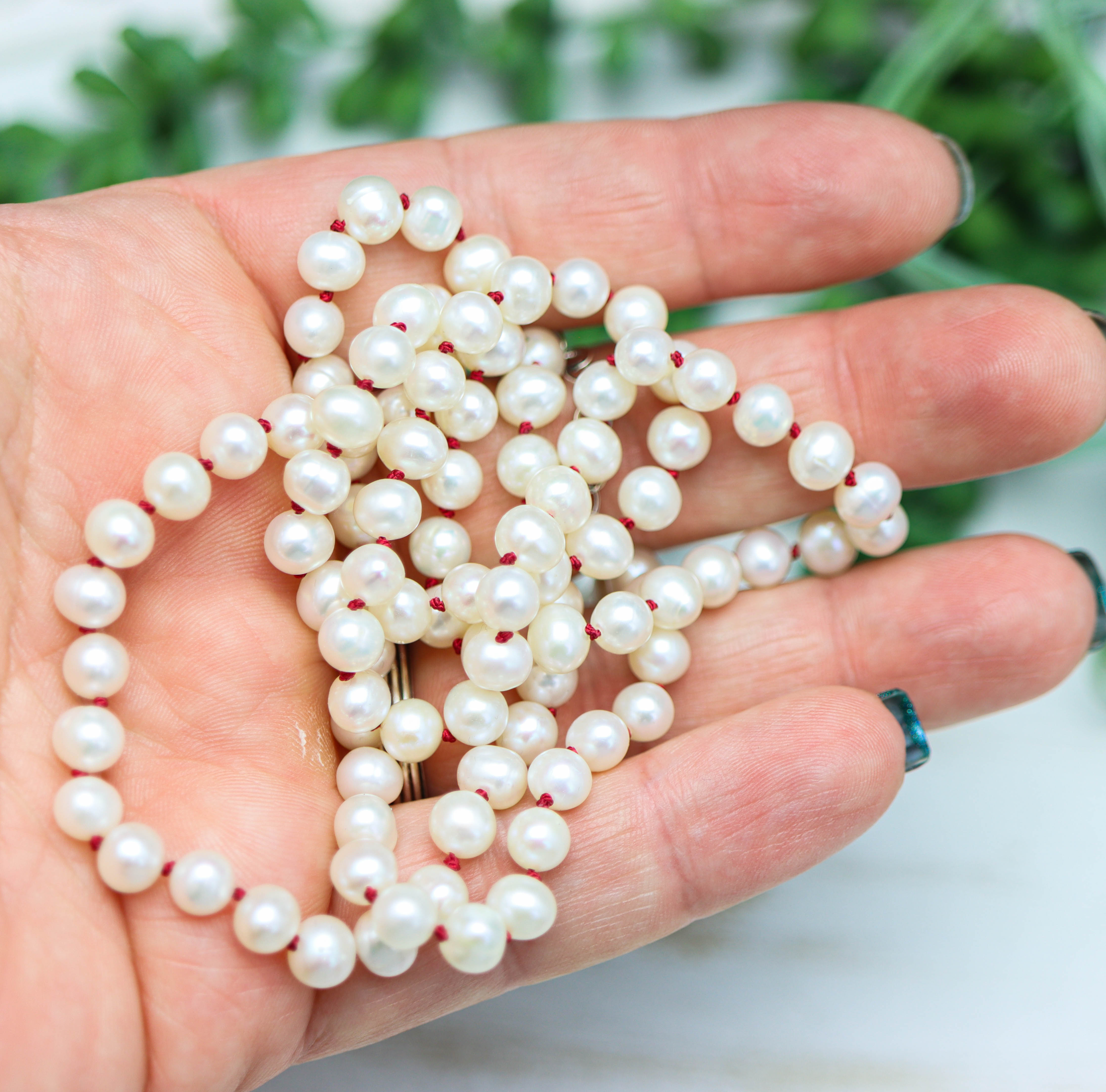 White Freshwater Pearl Hand Knotted Bead Necklace Sterling Silver