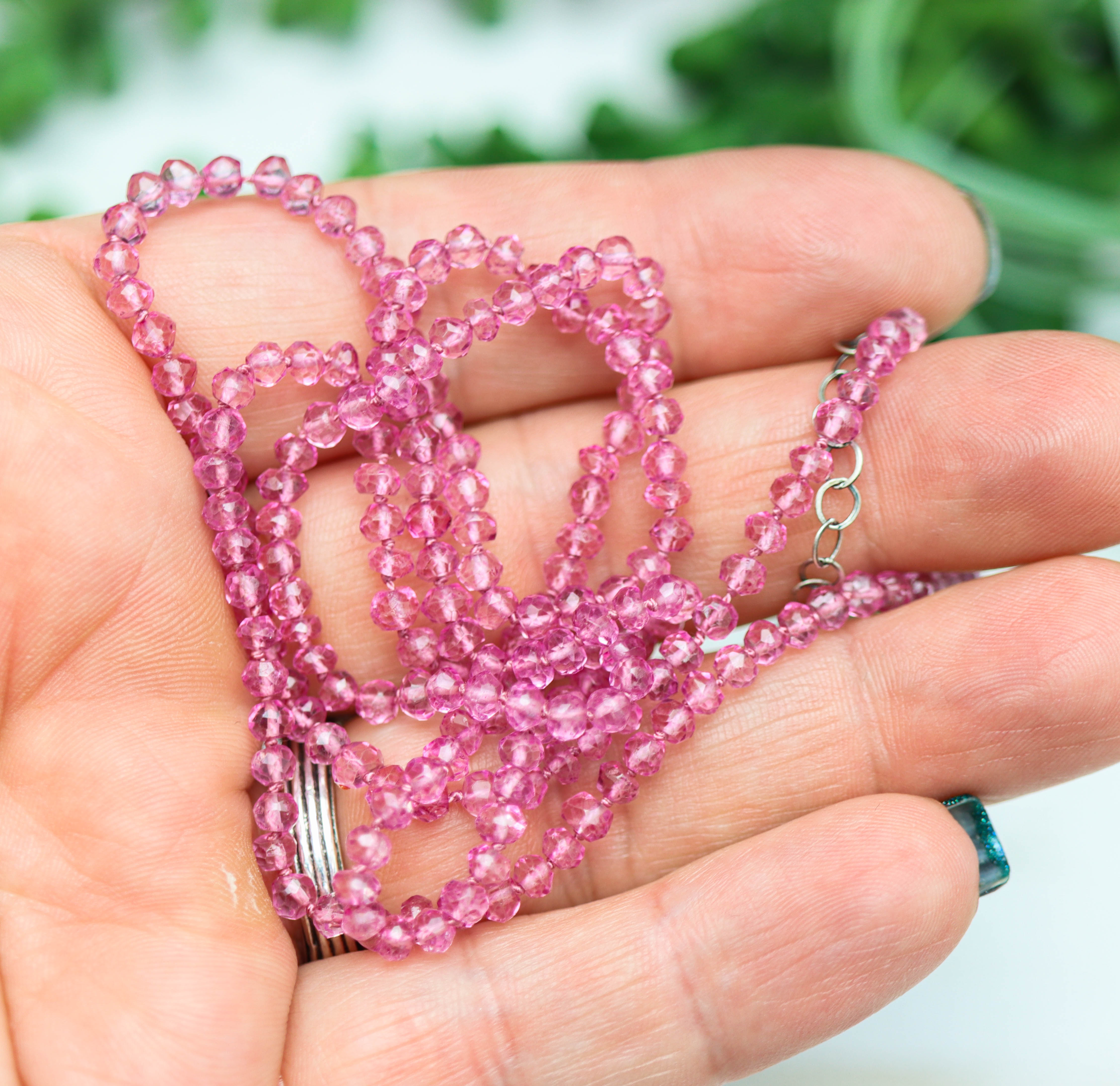 Pink Quartz Hand Knotted Bead Necklace Sterling Silver