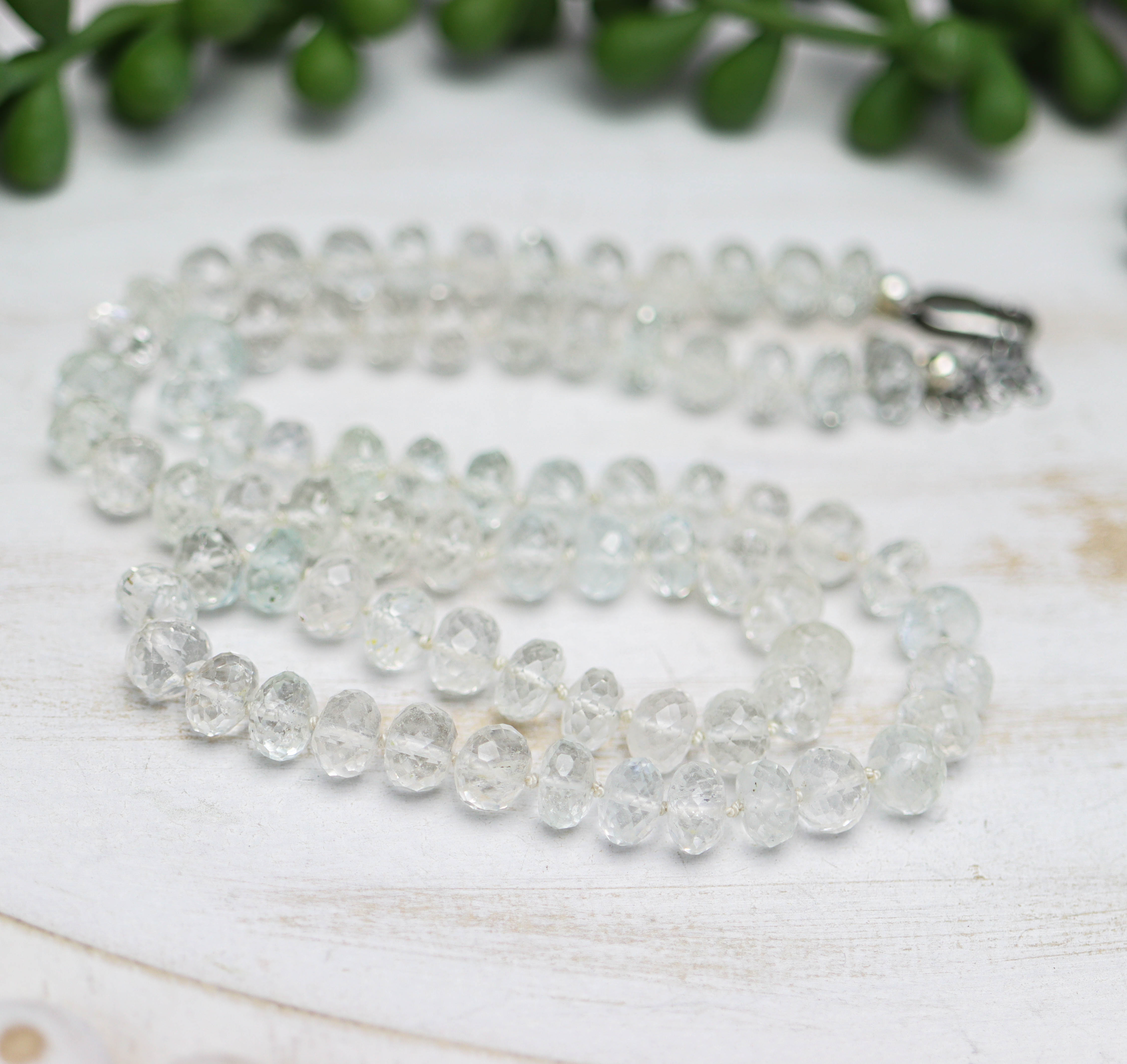 White Topaz Hand Knotted Bead Necklace Sterling Silver