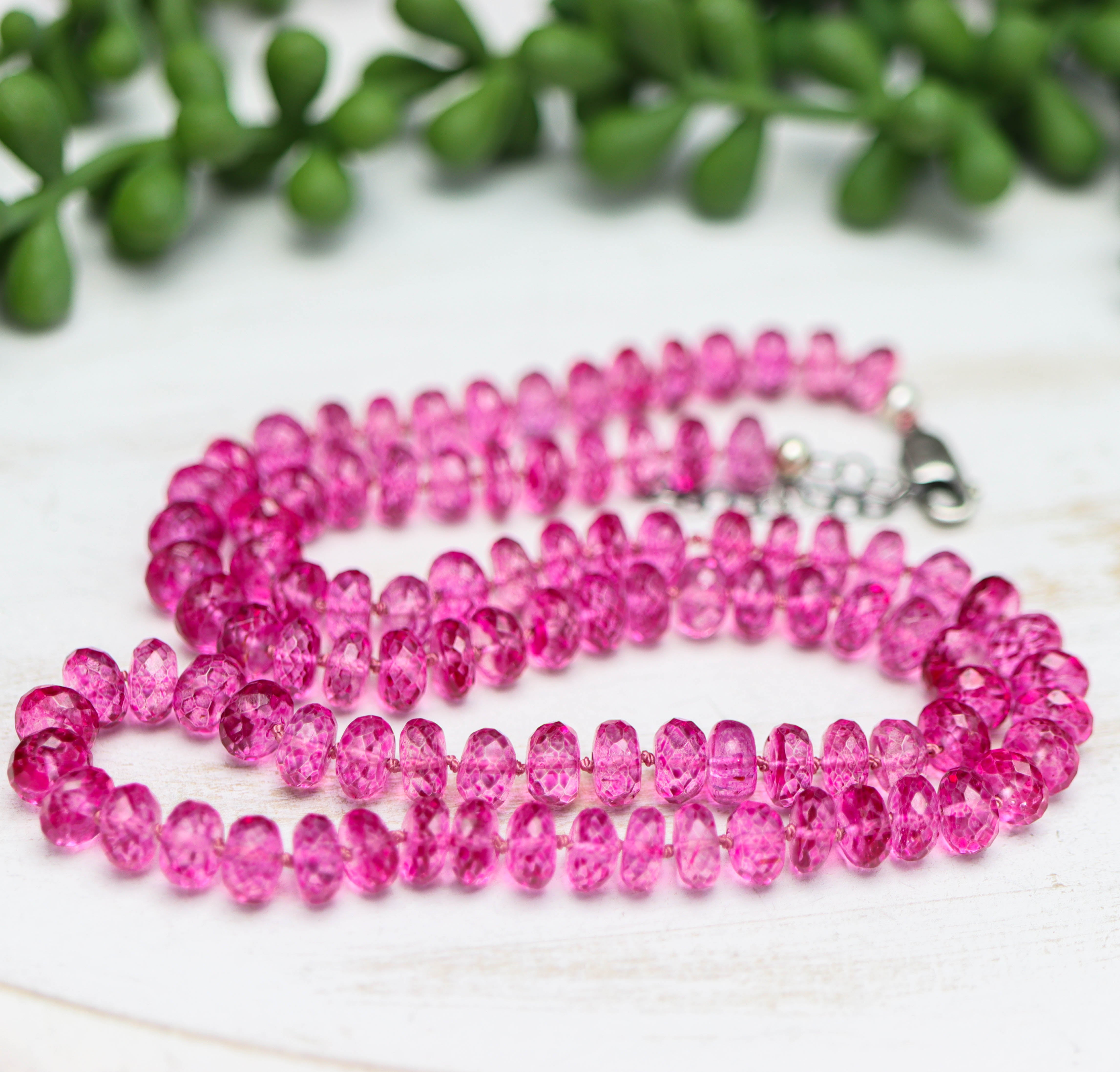 Pink Topaz Hand Knotted Bead Necklace Sterling Silver
