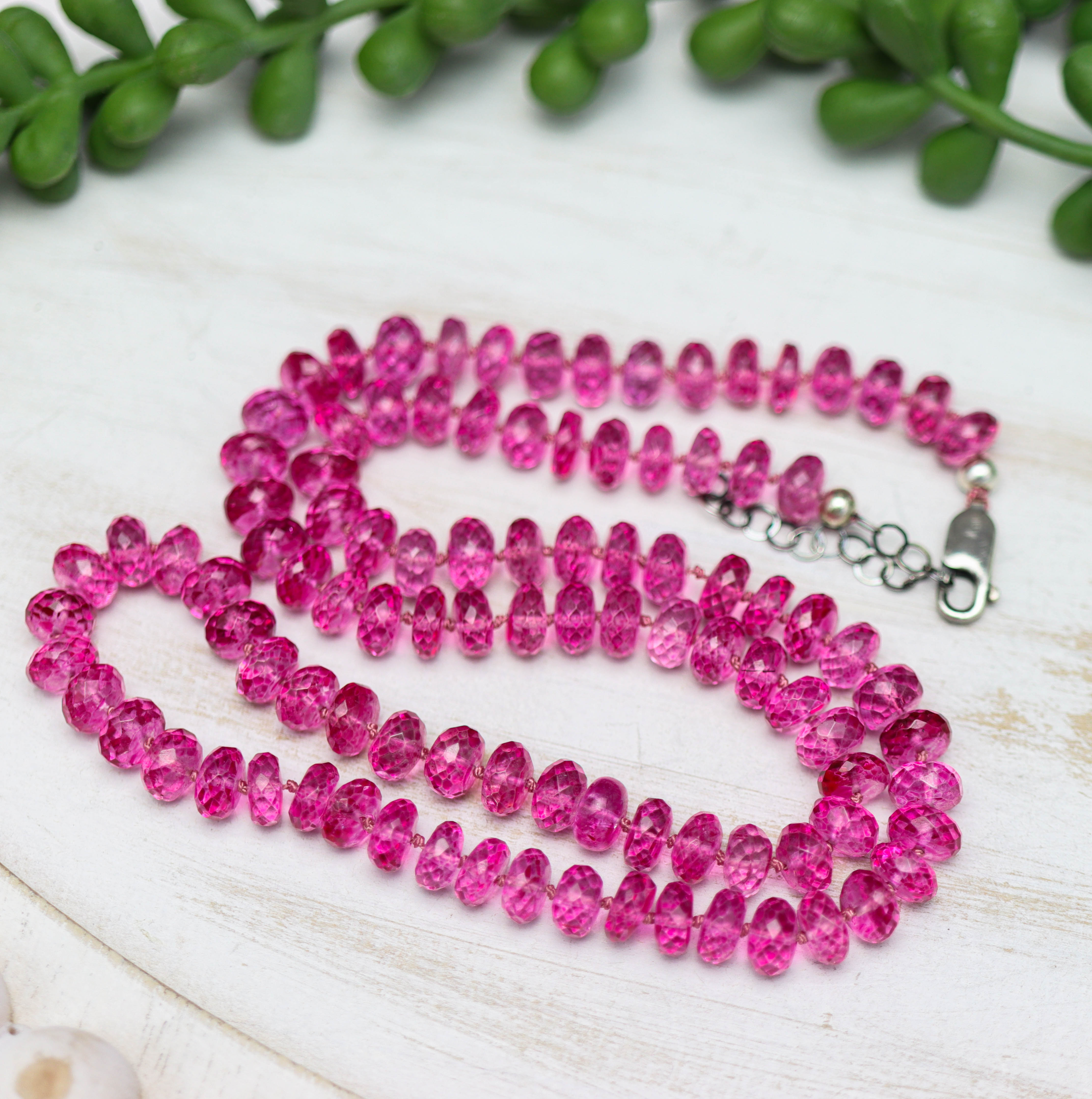 Pink Topaz Hand Knotted Bead Necklace Sterling Silver