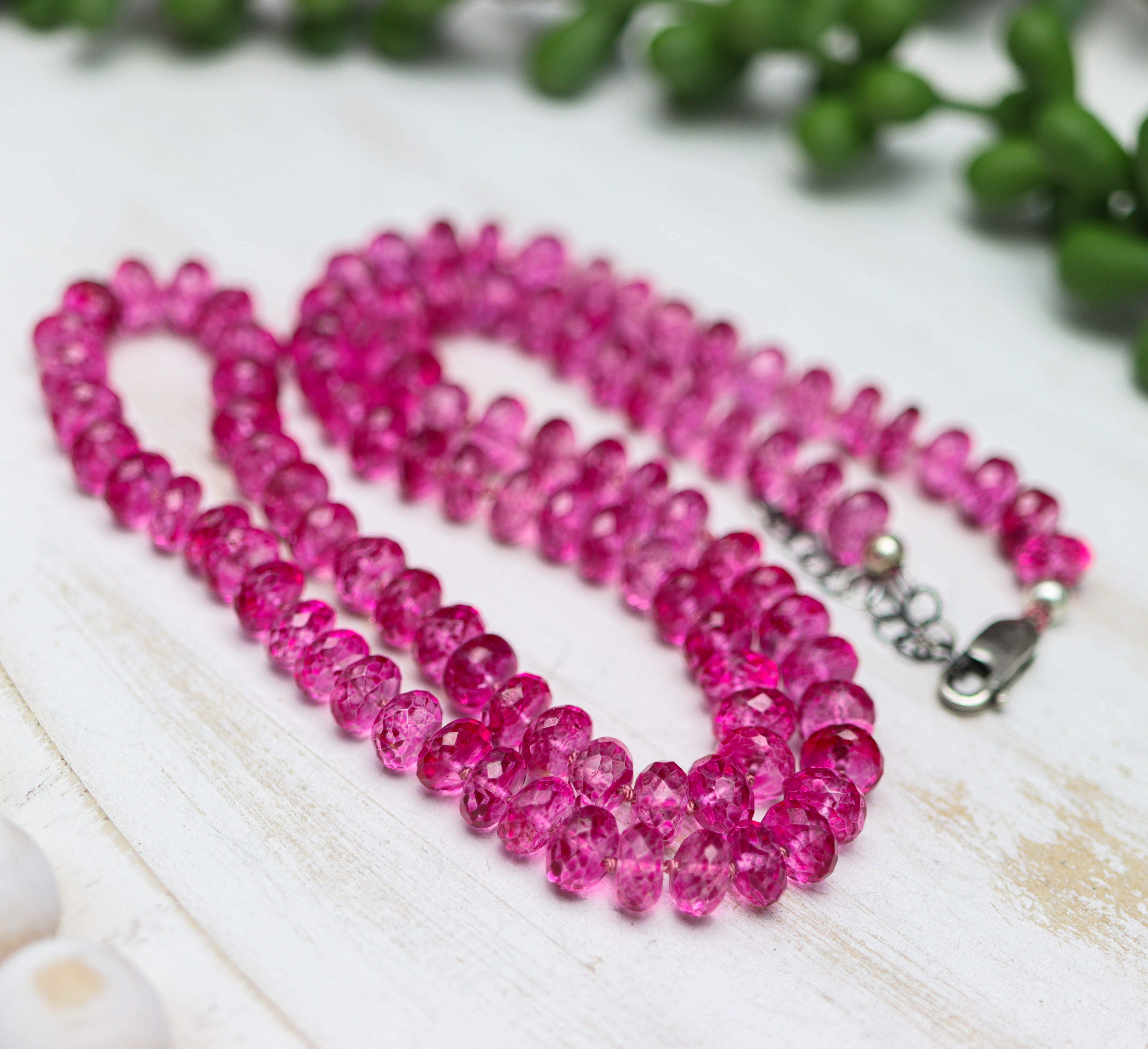Pink Topaz Hand Knotted Bead Necklace Sterling Silver