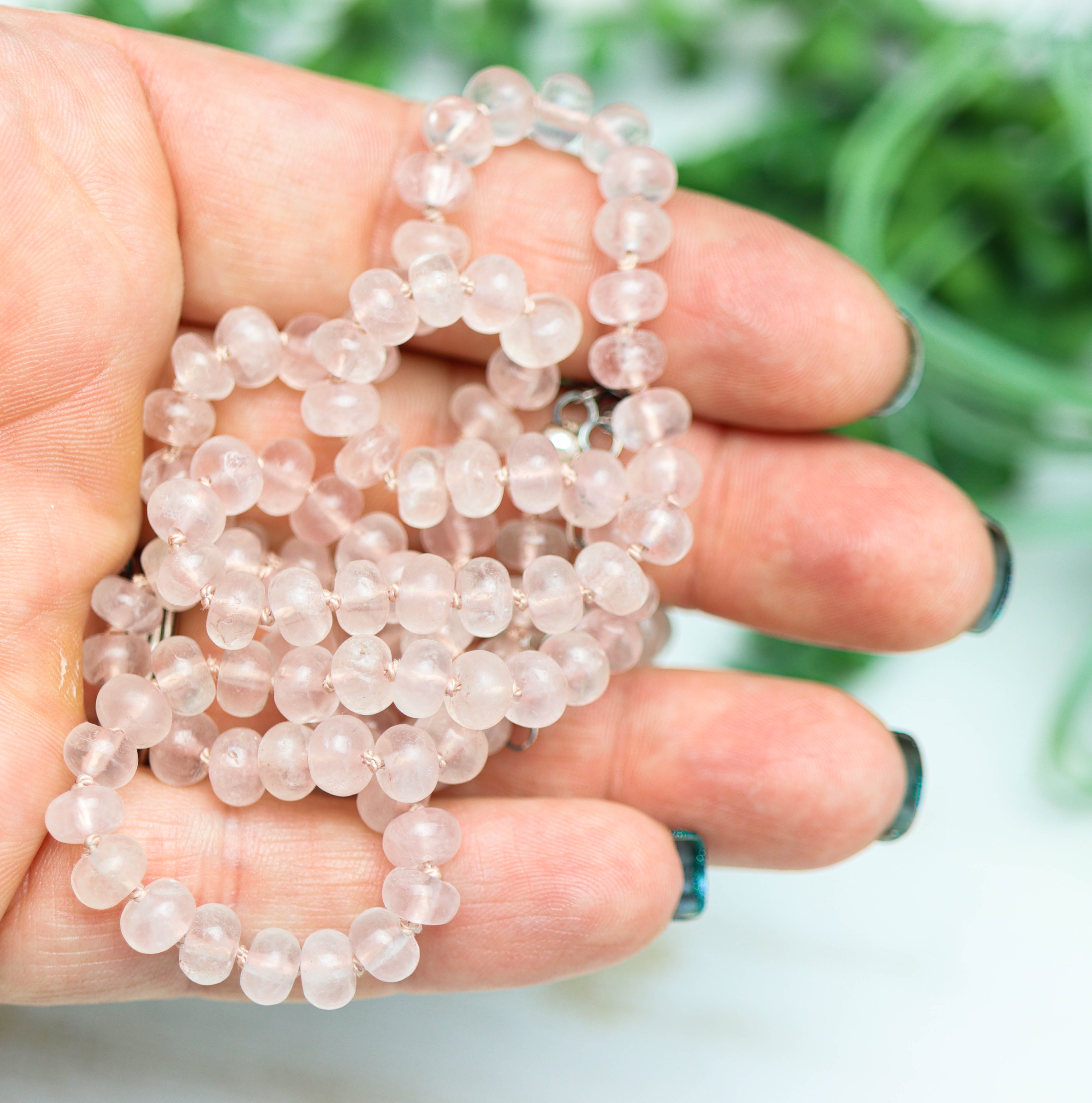 Rose Quartz Hand Knotted Bead Necklace Sterling Silver 18 inch