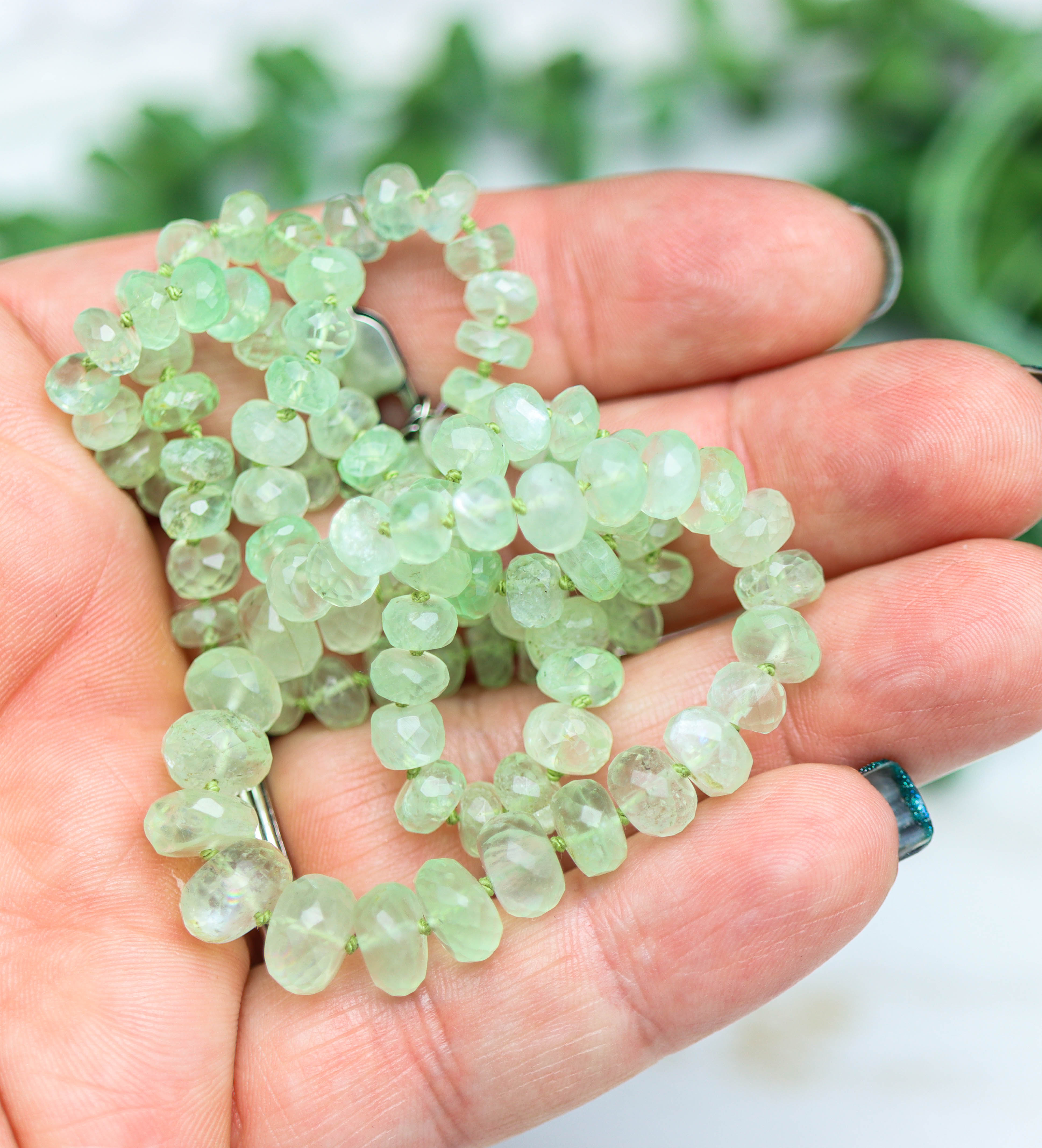 Green Aquamarine Hand Knotted Bead Necklace Sterling Silver