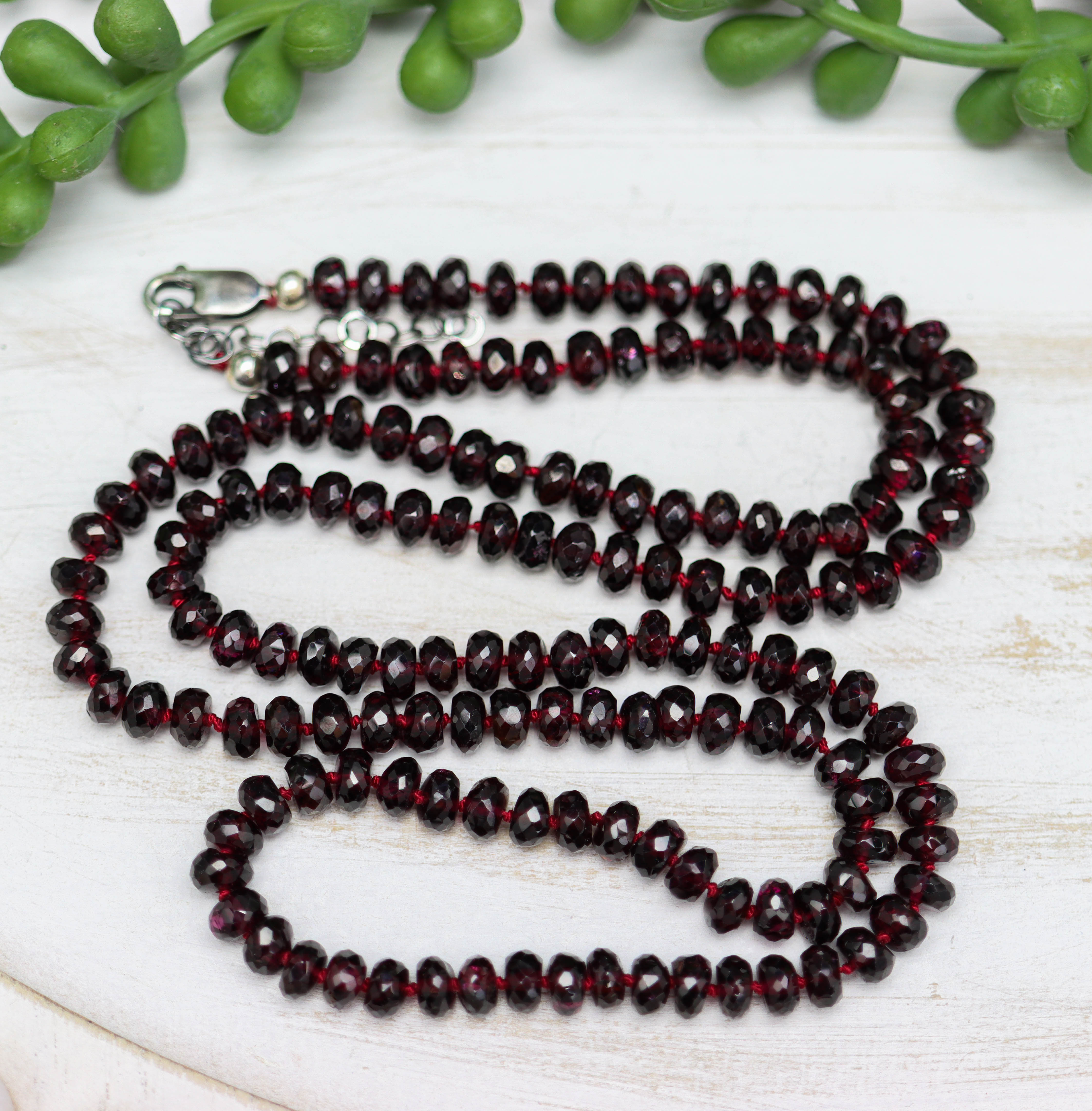 Red Garnet Hand Knotted Bead Necklace Sterling Silver Long