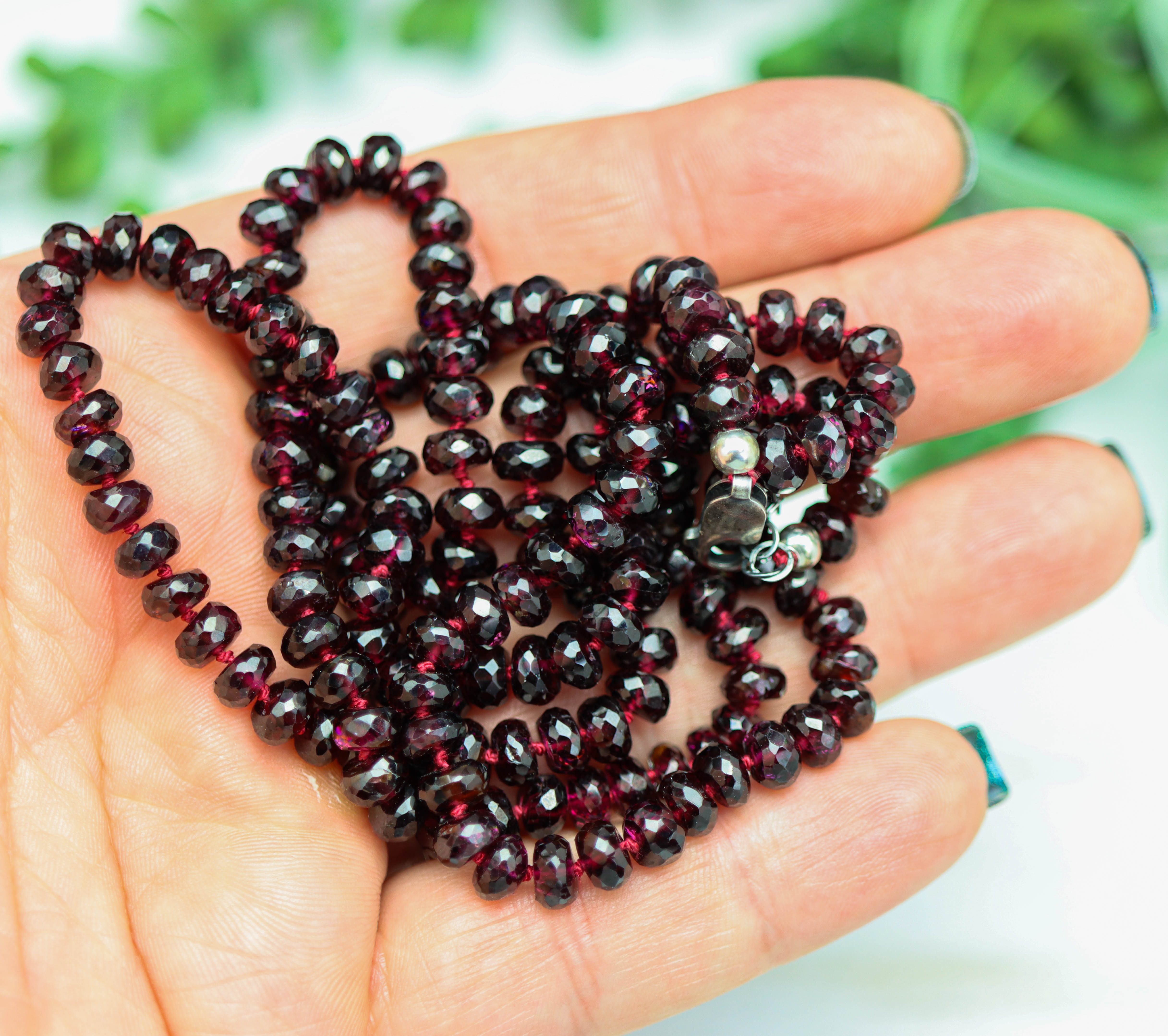 Red Garnet Hand Knotted Bead Necklace Sterling Silver Long