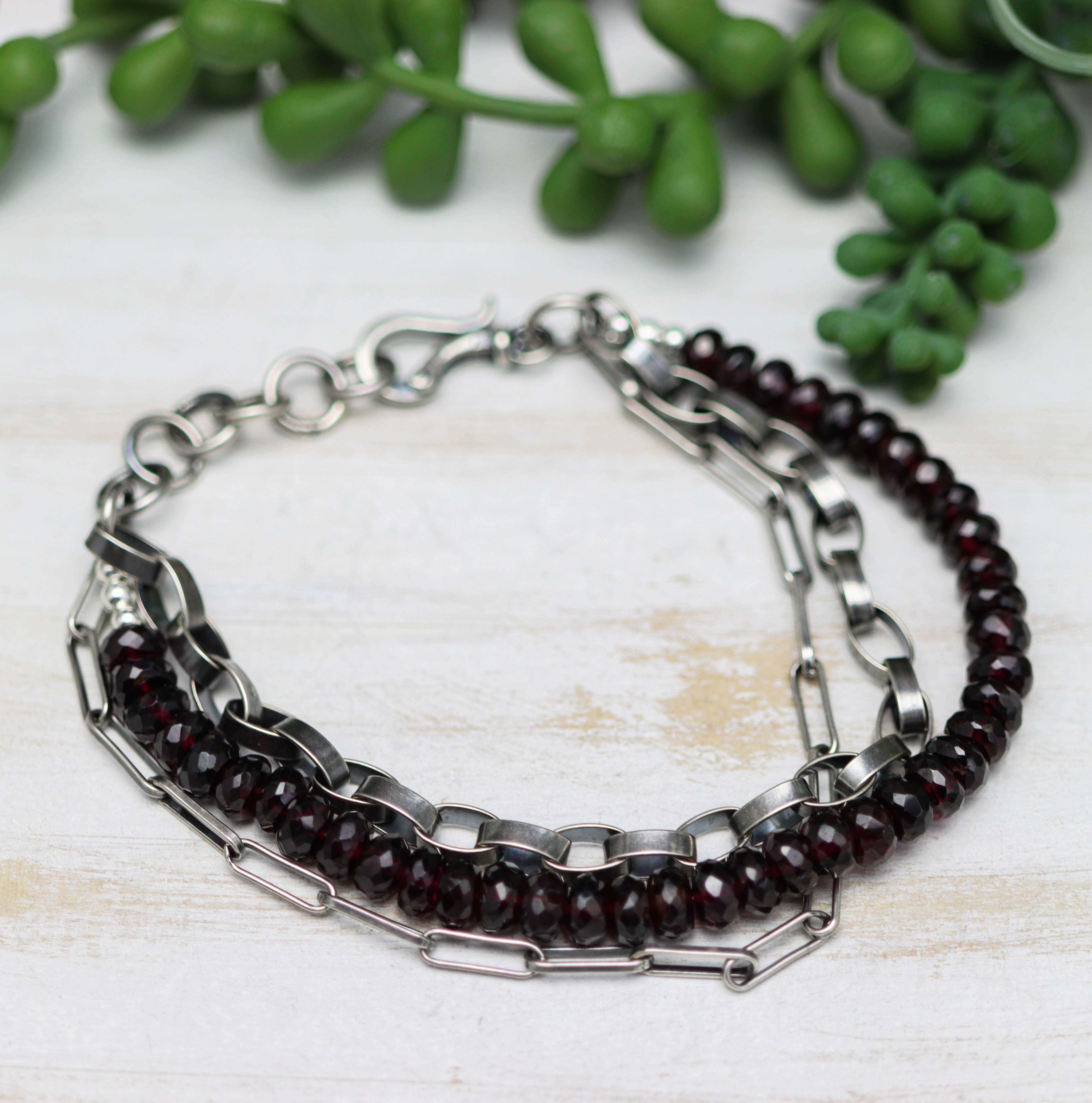 Garnet & Sterling Silver Triple Strand Bracelet